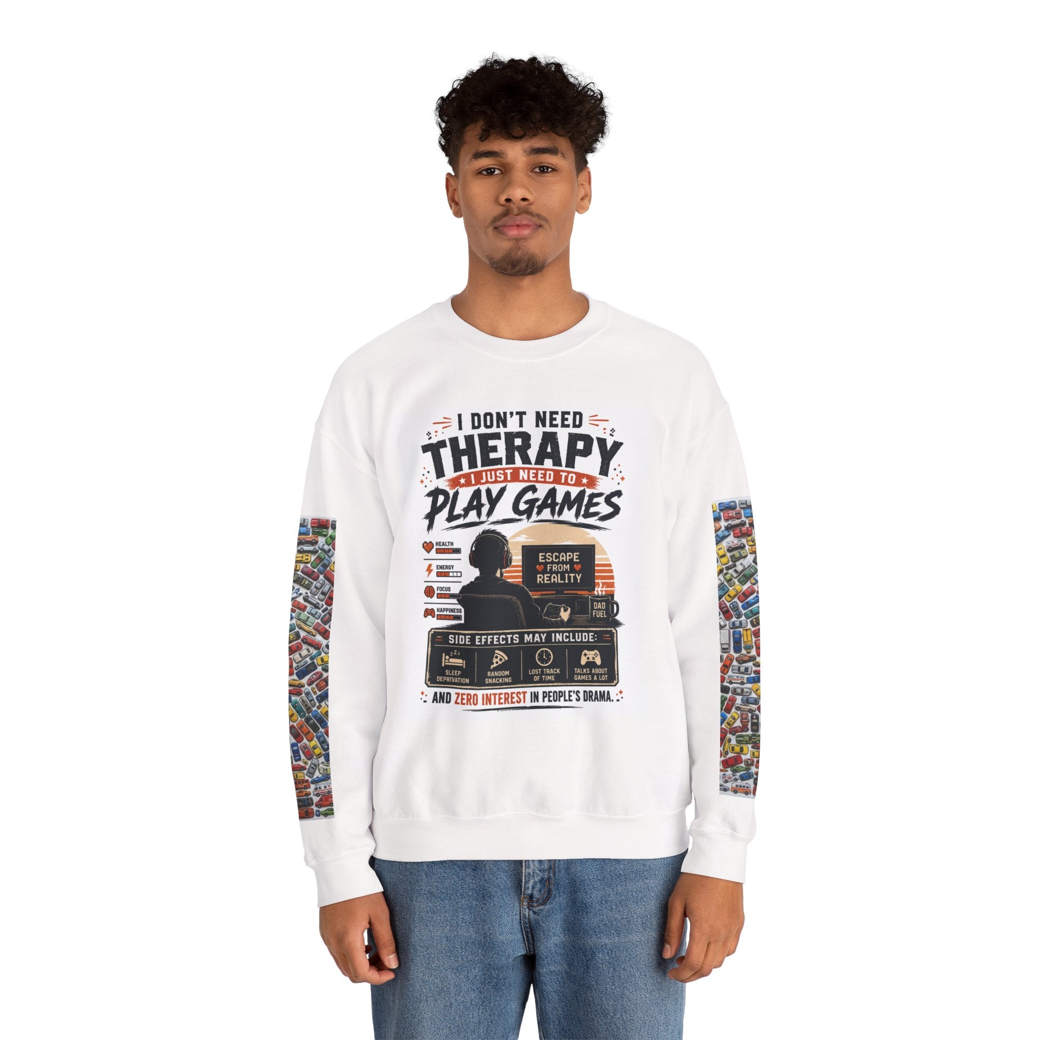 Gaming Crewneck Sweatshirt — "I Don't Need Therapy, I Just Need to Play Games" Printify