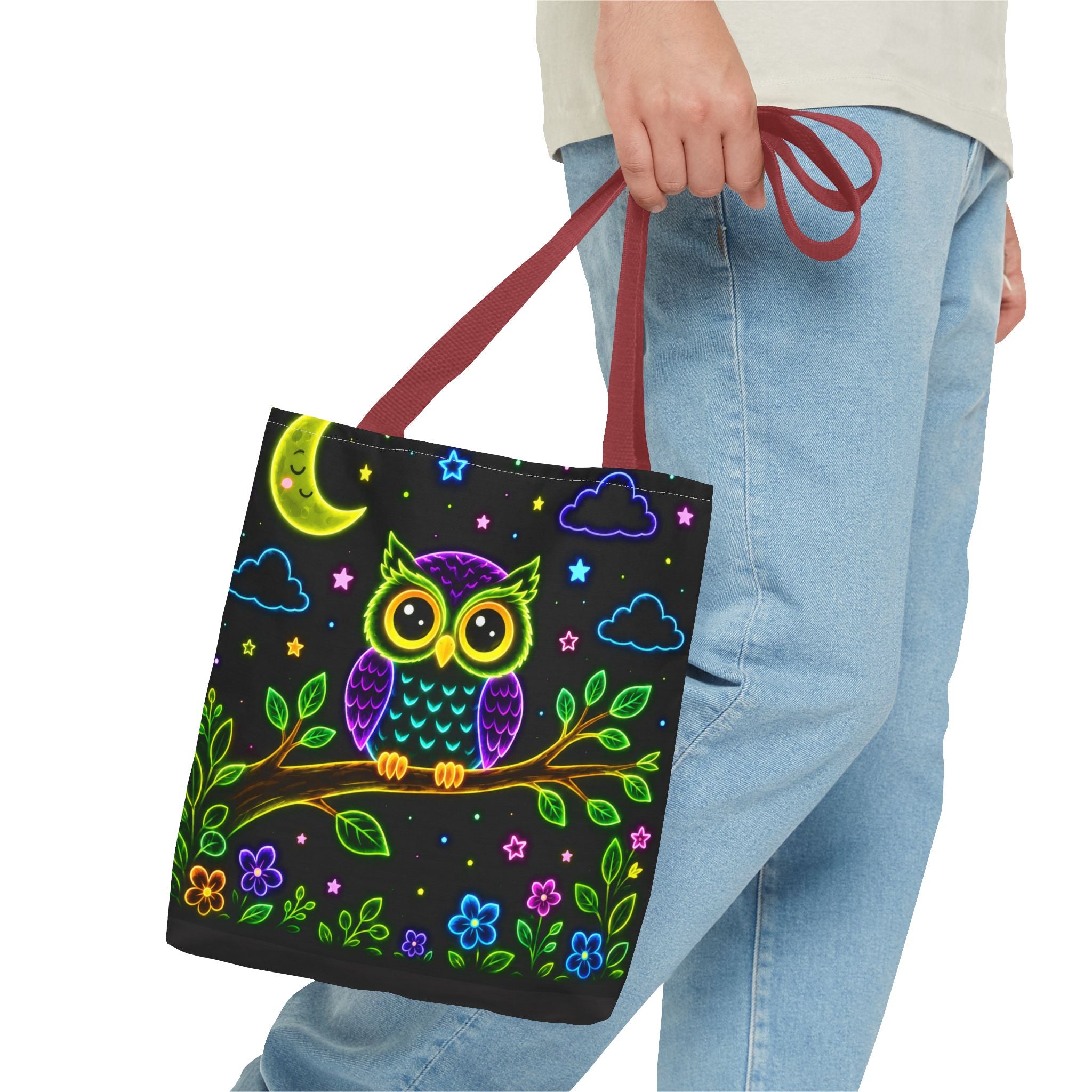 Neon Owl Night Tote Bag – Glow-in-the-Dark Space & Moon Print