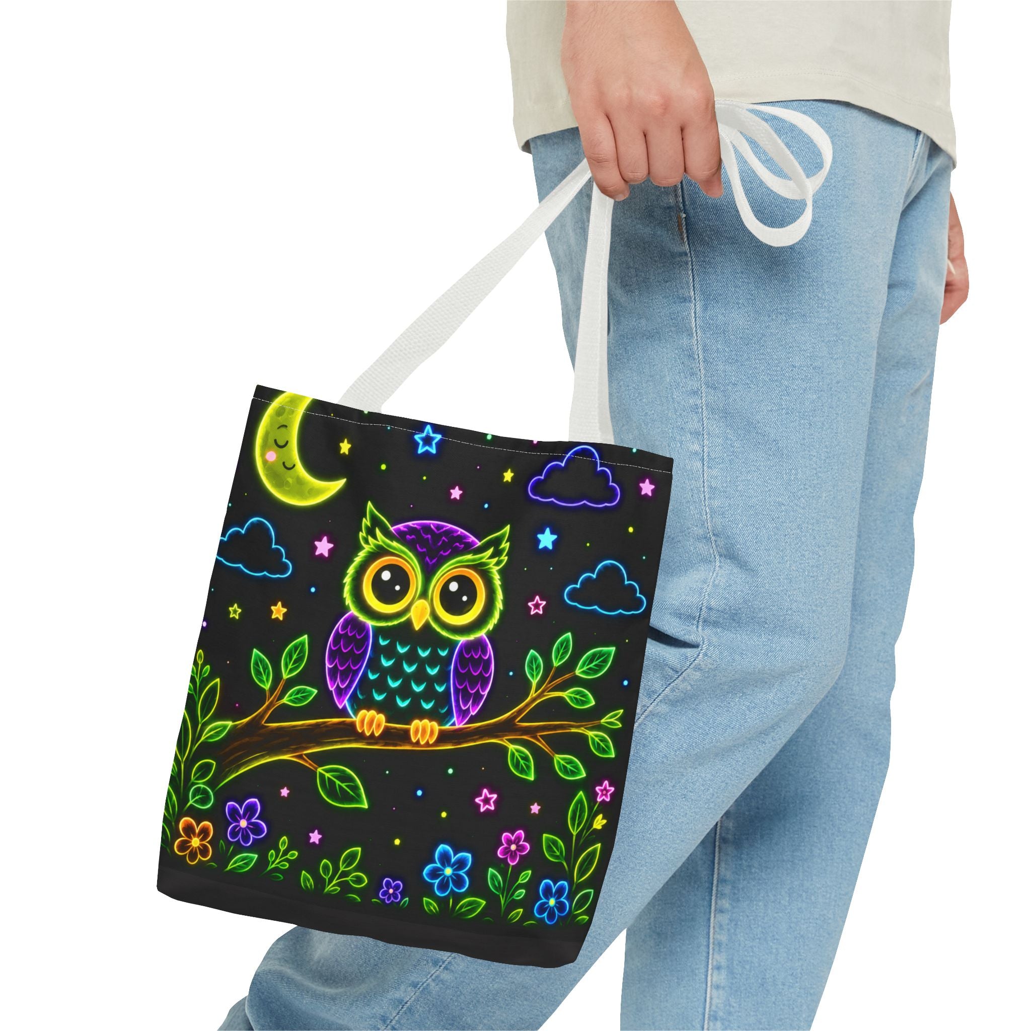 Neon Owl Night Tote Bag – Glow-in-the-Dark Space & Moon Print