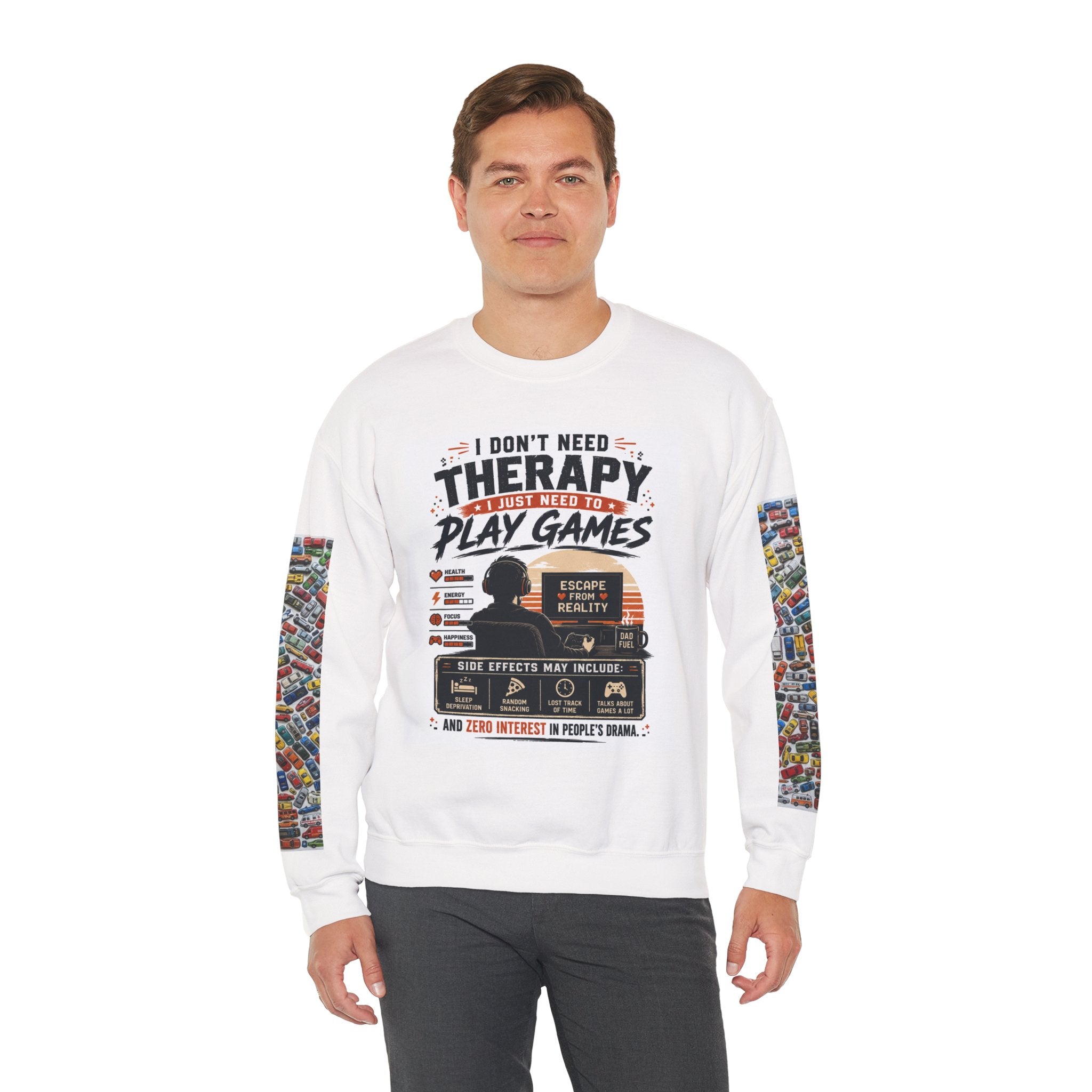 Gaming Crewneck Sweatshirt — "I Don't Need Therapy, I Just Need to Play Games" Printify