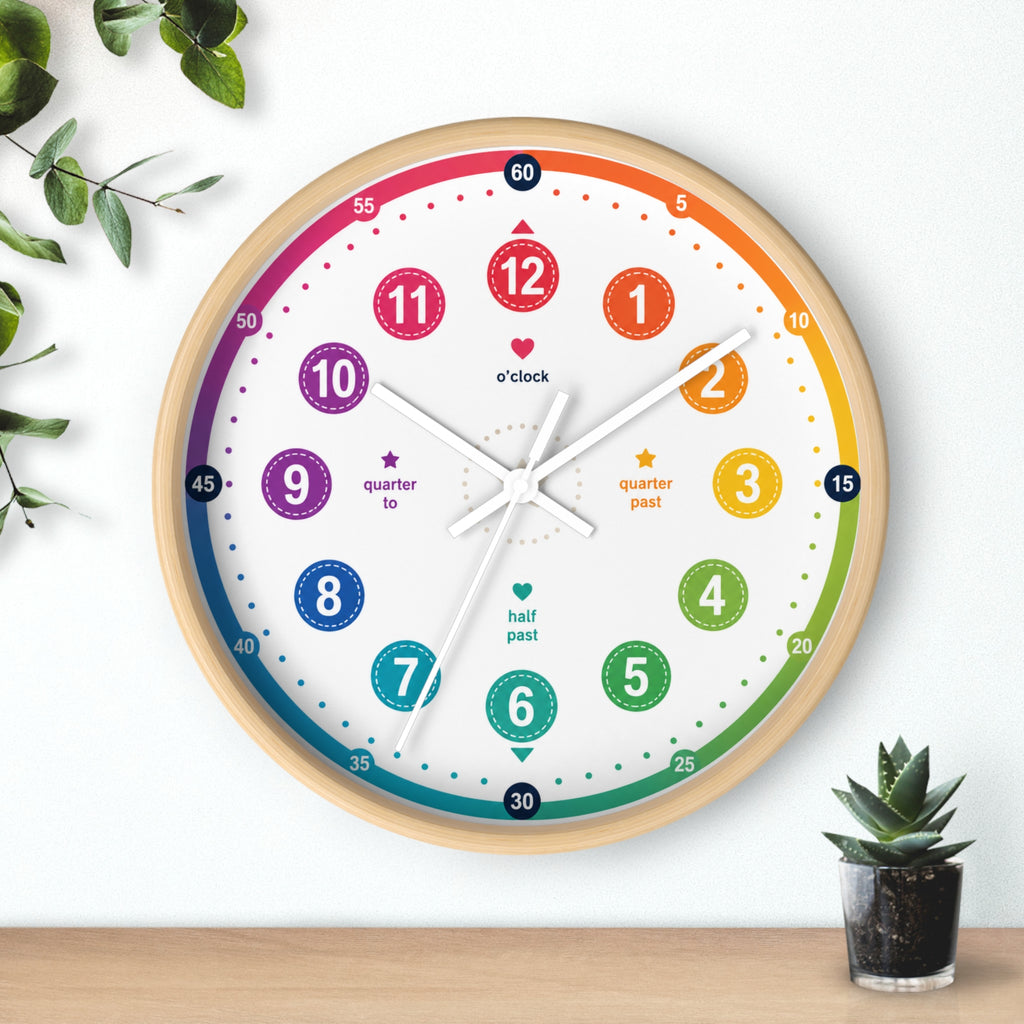 Kids’ Rainbow Learning Wall Clock — Teach Time with Labeled Hour & Minute Markers Printify