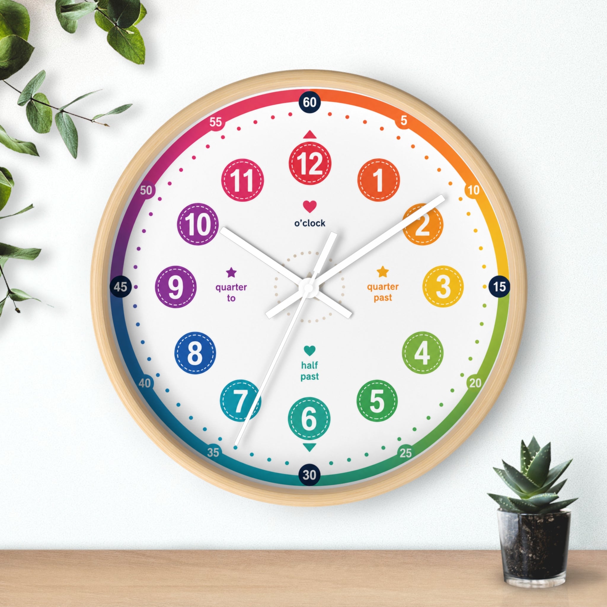 Kids’ Rainbow Learning Wall Clock — Teach Time with Labeled Hour & Minute Markers Printify