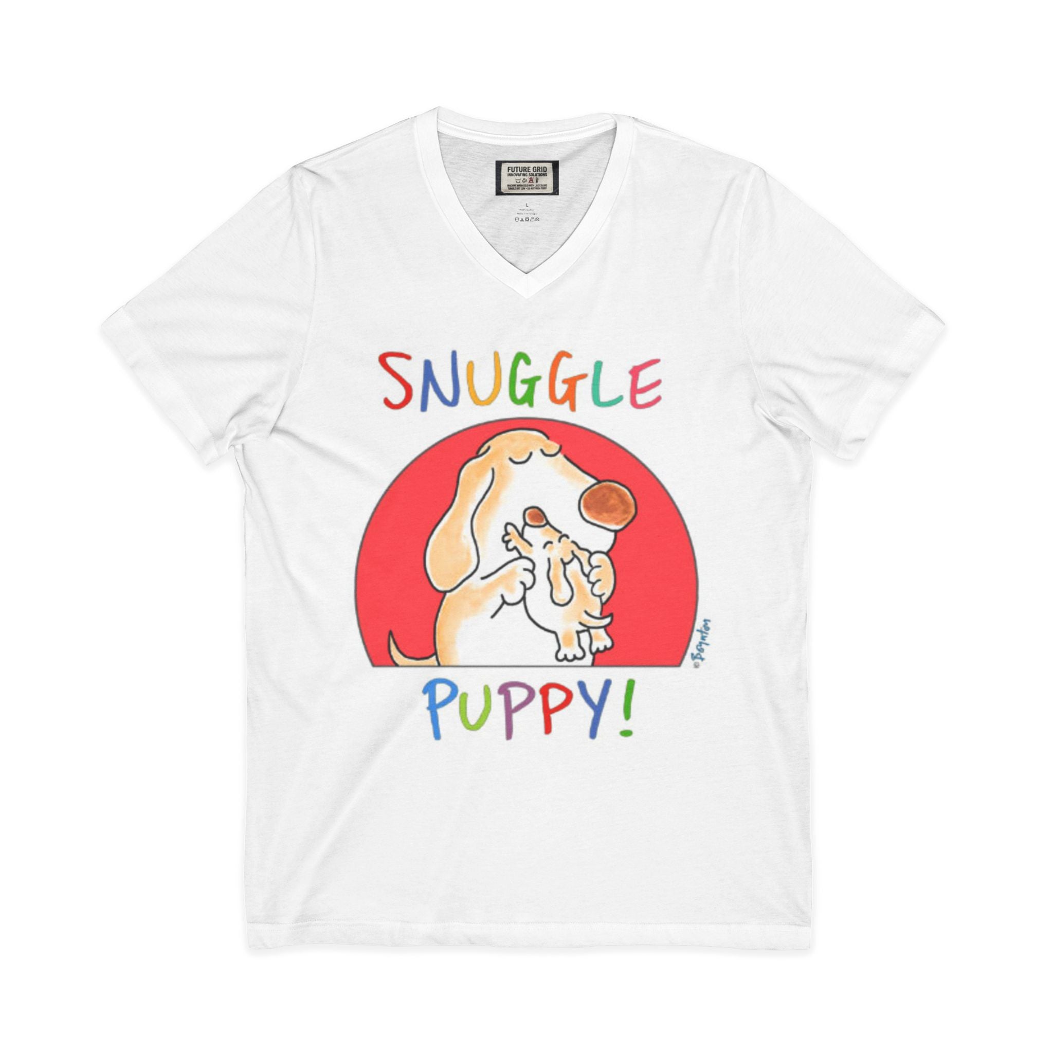 Snuggle Puppy V-Neck Tee — Cute Dog Illustration Tee for Pet Lovers