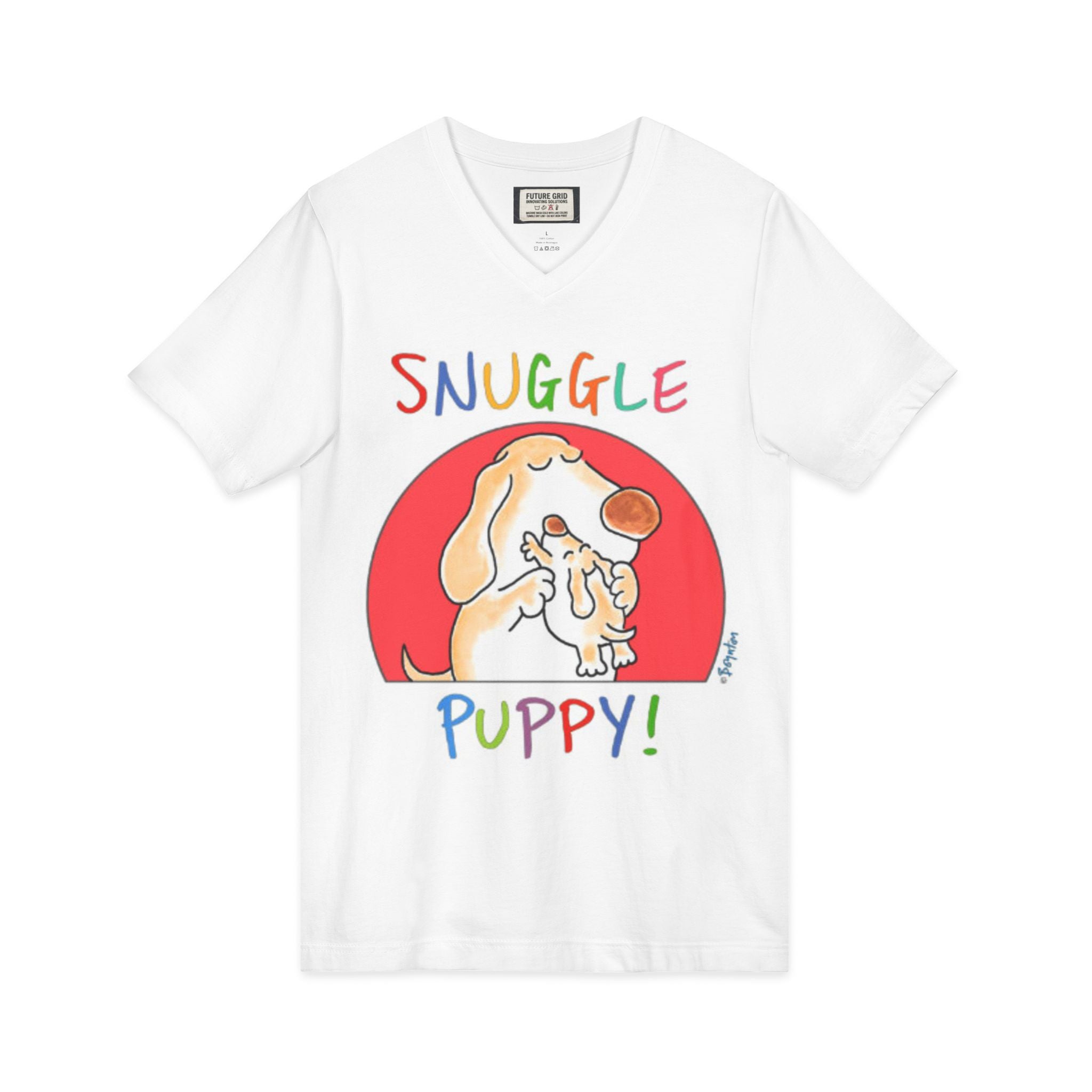 Snuggle Puppy V-Neck Tee — Cute Dog Illustration Tee for Pet Lovers