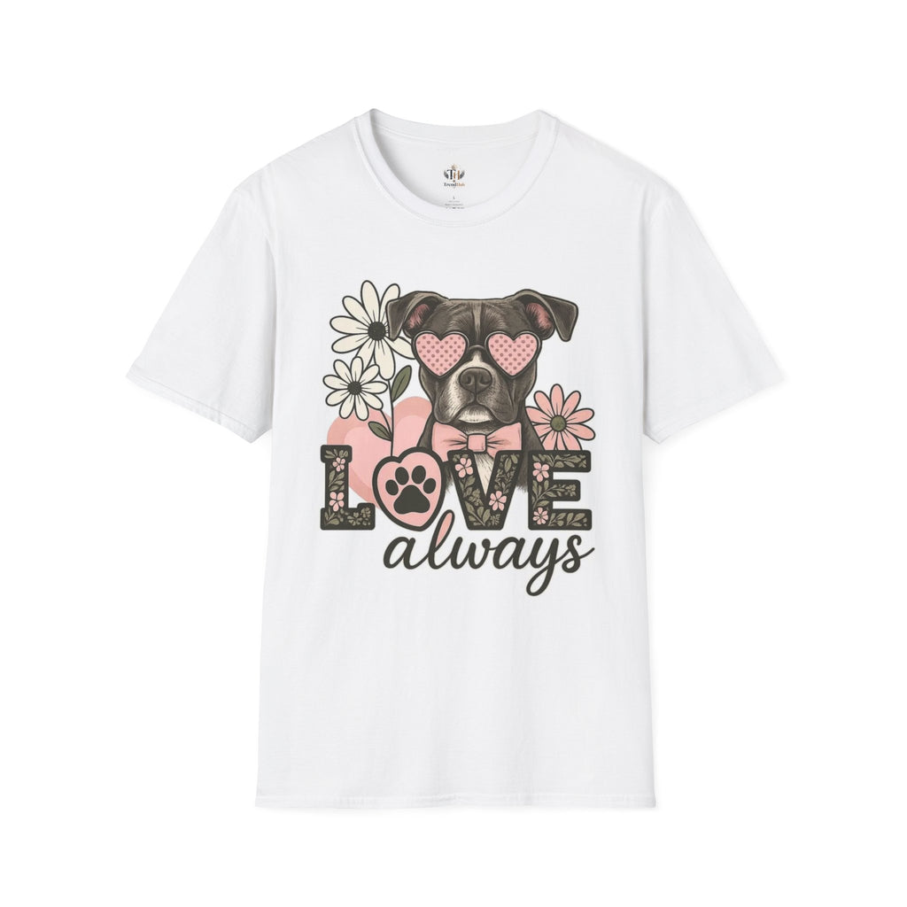 Dog Love T-Shirt — Cute Boxer with Heart Sunglasses & "Love Always" Floral Design Printify