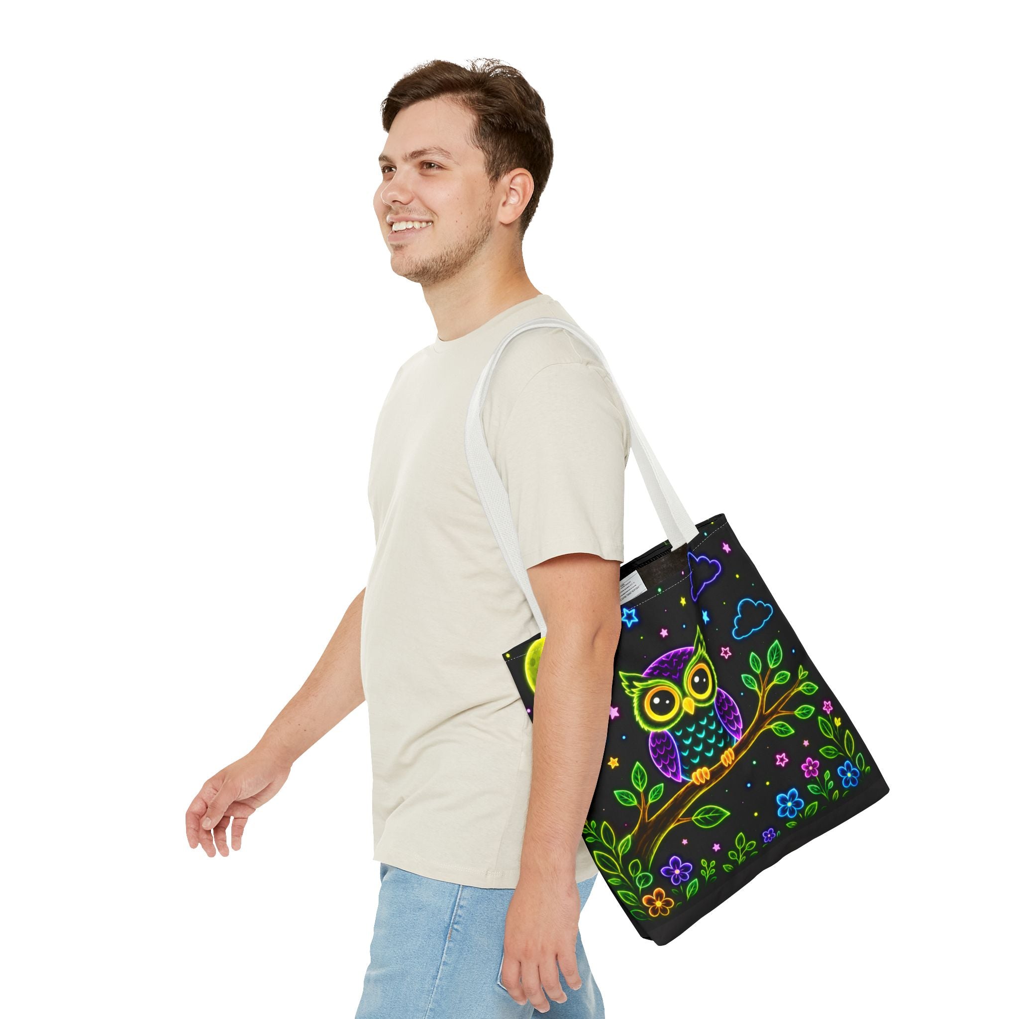 Neon Owl Night Tote Bag – Glow-in-the-Dark Space & Moon Print