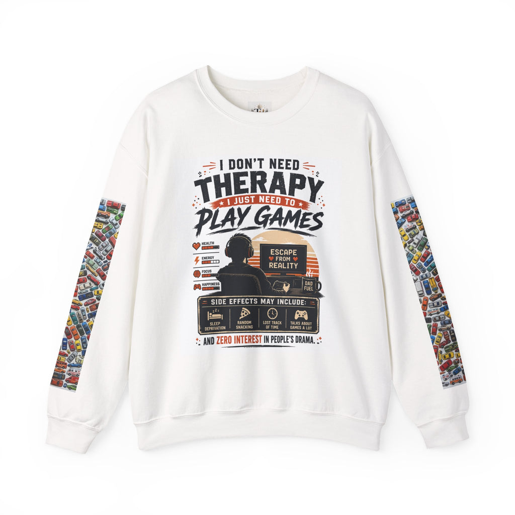 Gaming Crewneck Sweatshirt — "I Don't Need Therapy, I Just Need to Play Games" Printify