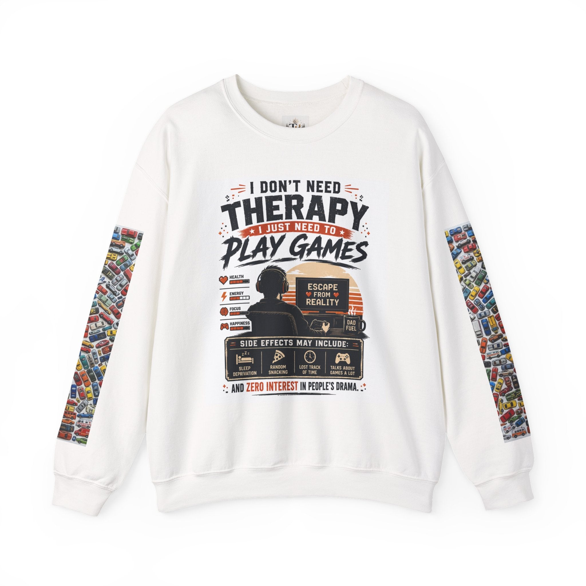 Gaming Crewneck Sweatshirt — "I Don't Need Therapy, I Just Need to Play Games" Printify
