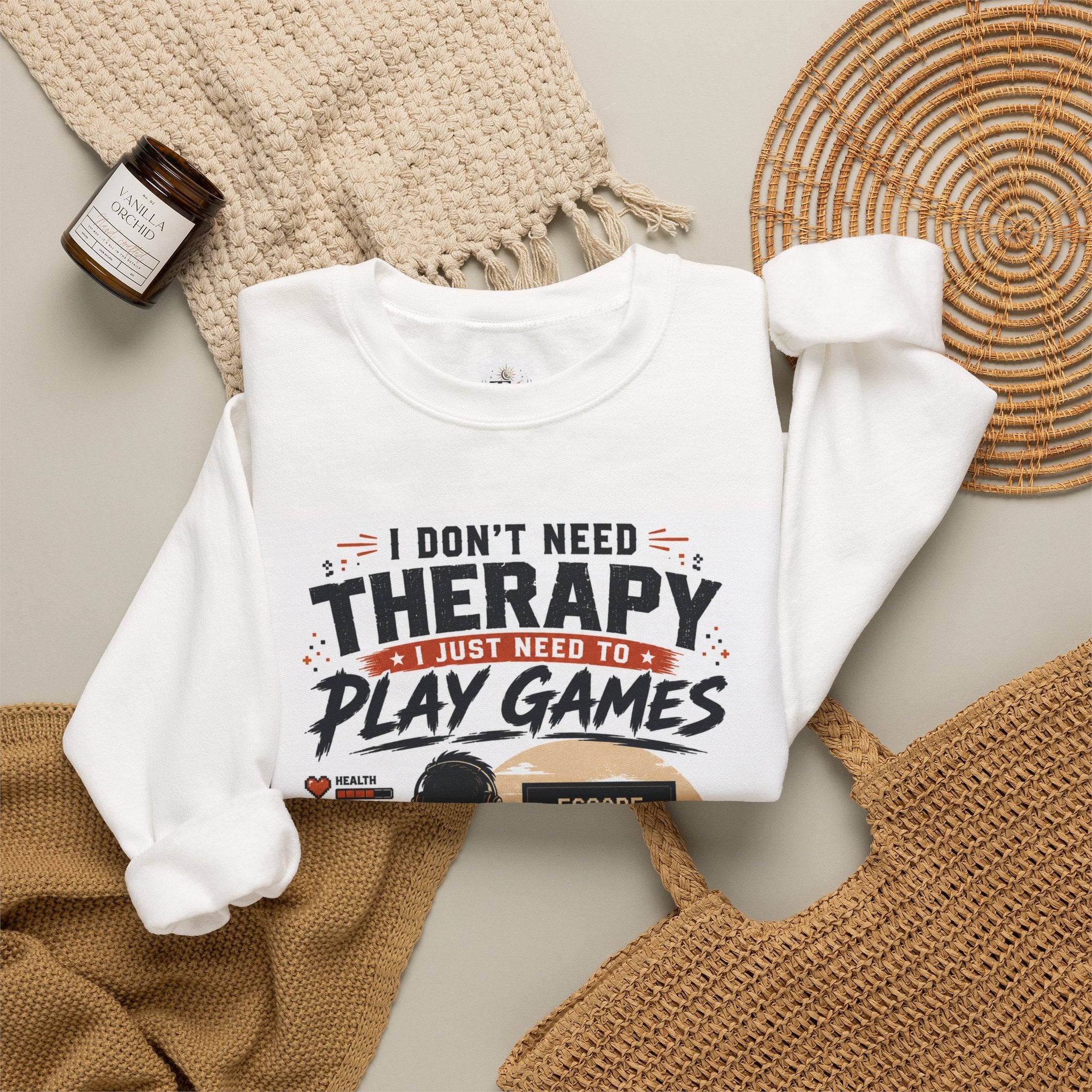 Gaming Crewneck Sweatshirt — "I Don't Need Therapy, I Just Need to Play Games" Printify