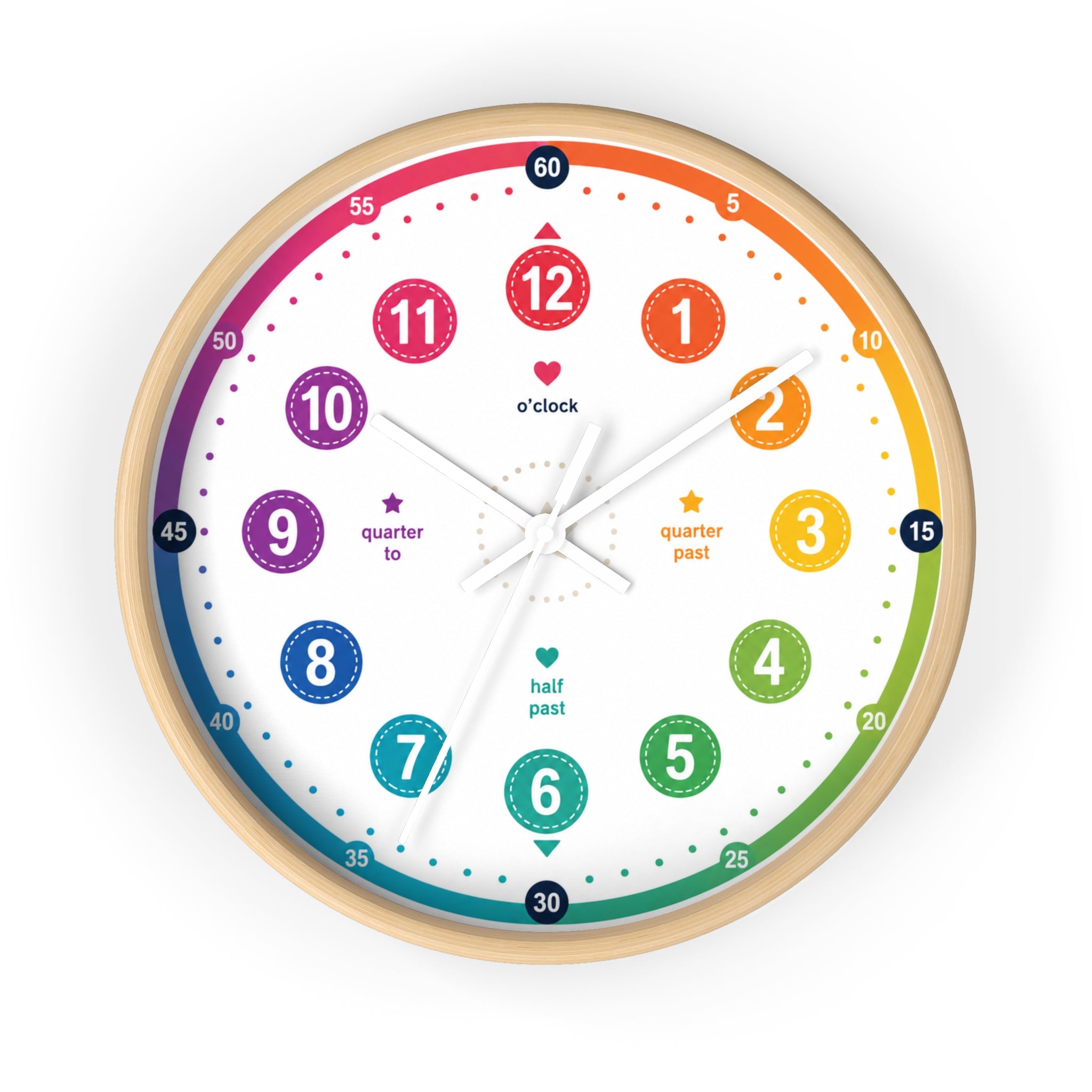 Kids’ Rainbow Learning Wall Clock — Teach Time with Labeled Hour & Minute Markers Printify