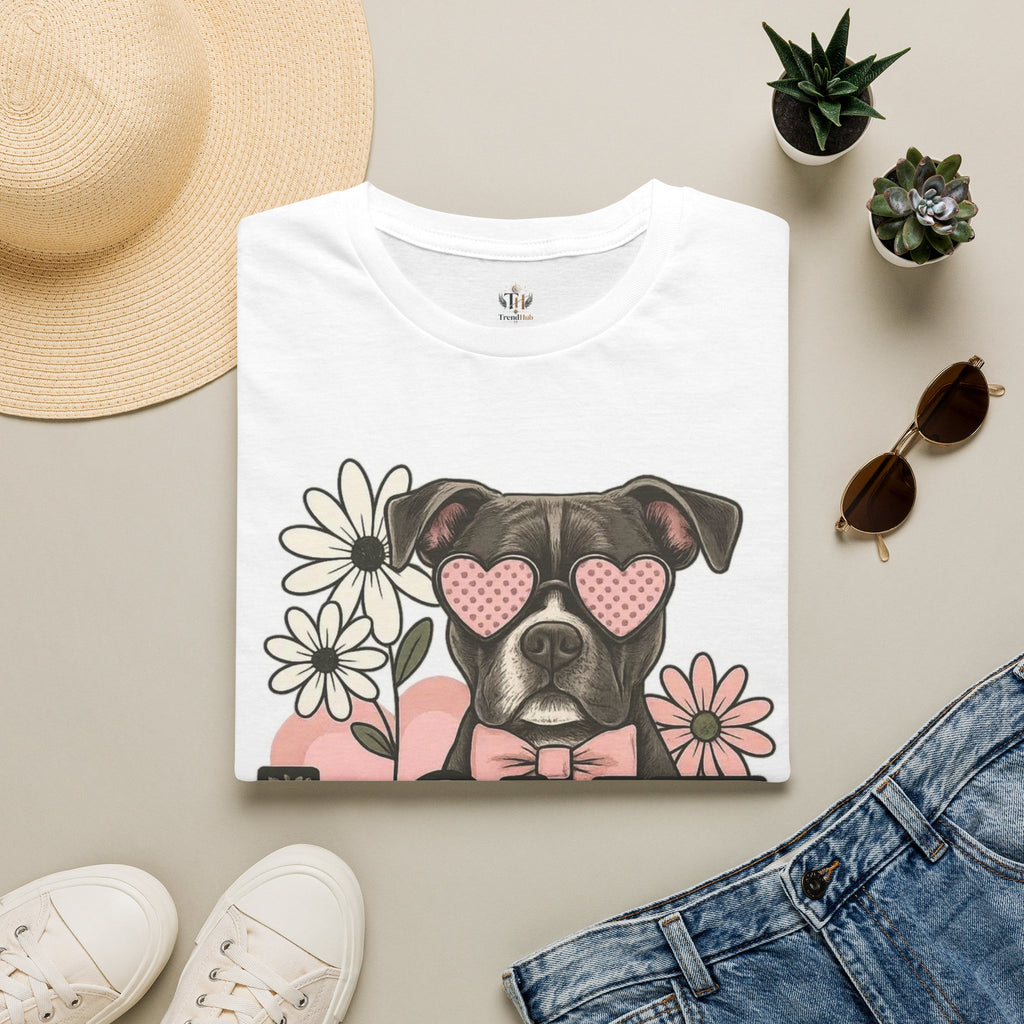 Dog Love T-Shirt — Cute Boxer with Heart Sunglasses & "Love Always" Floral Design Printify