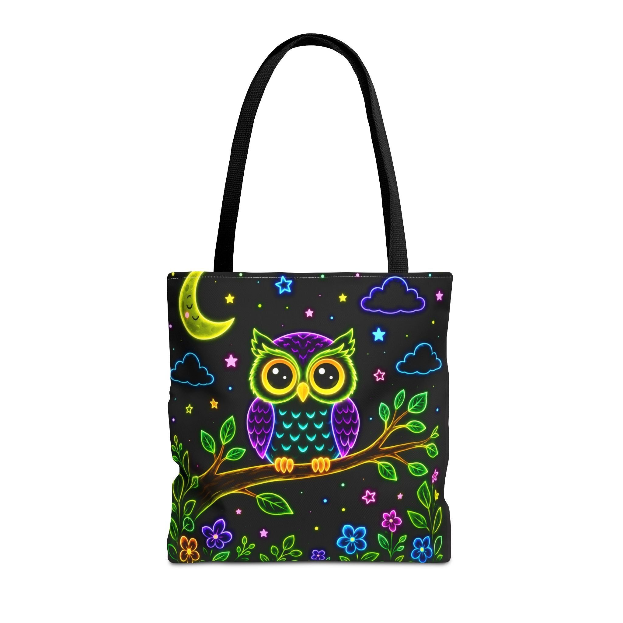 Neon Owl Night Tote Bag – Glow-in-the-Dark Space & Moon Print