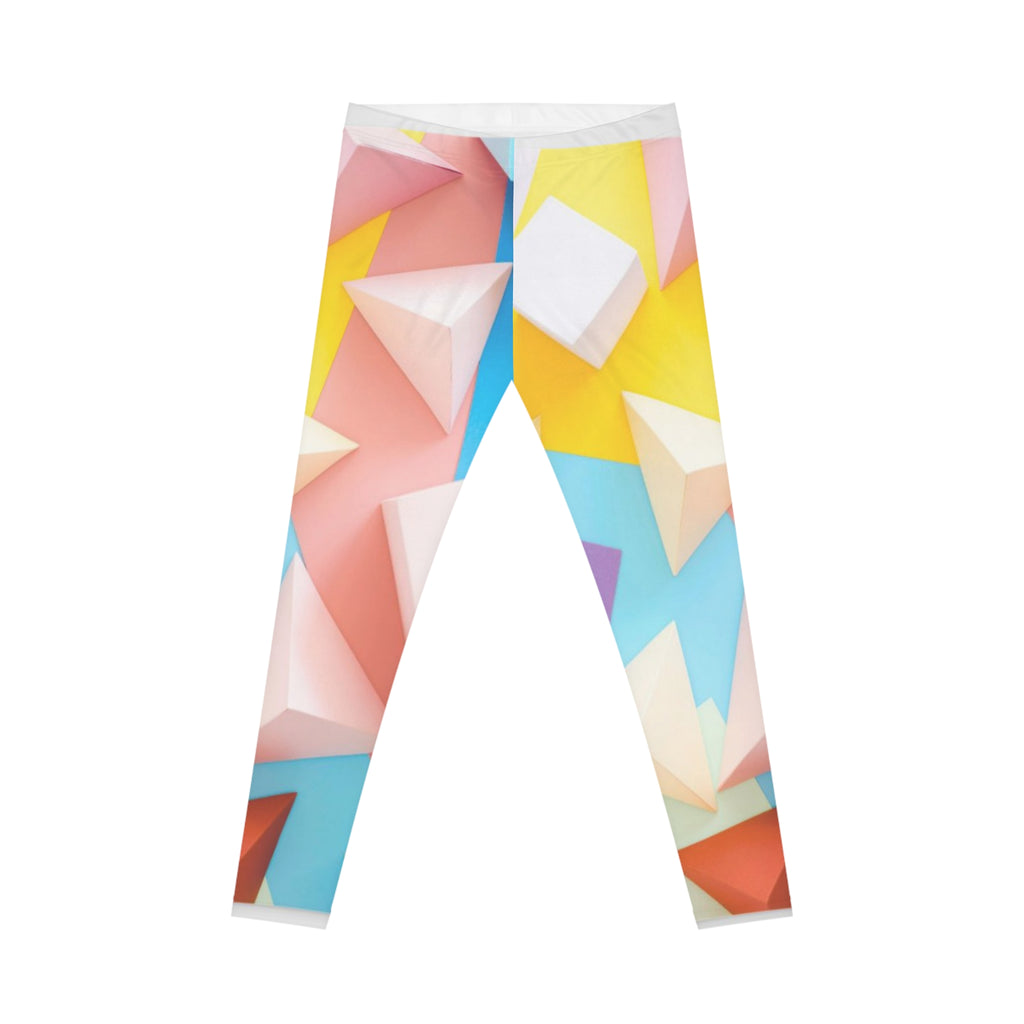 Geometric Pastel Print Leggings — Colorful 3D Triangle Pattern
