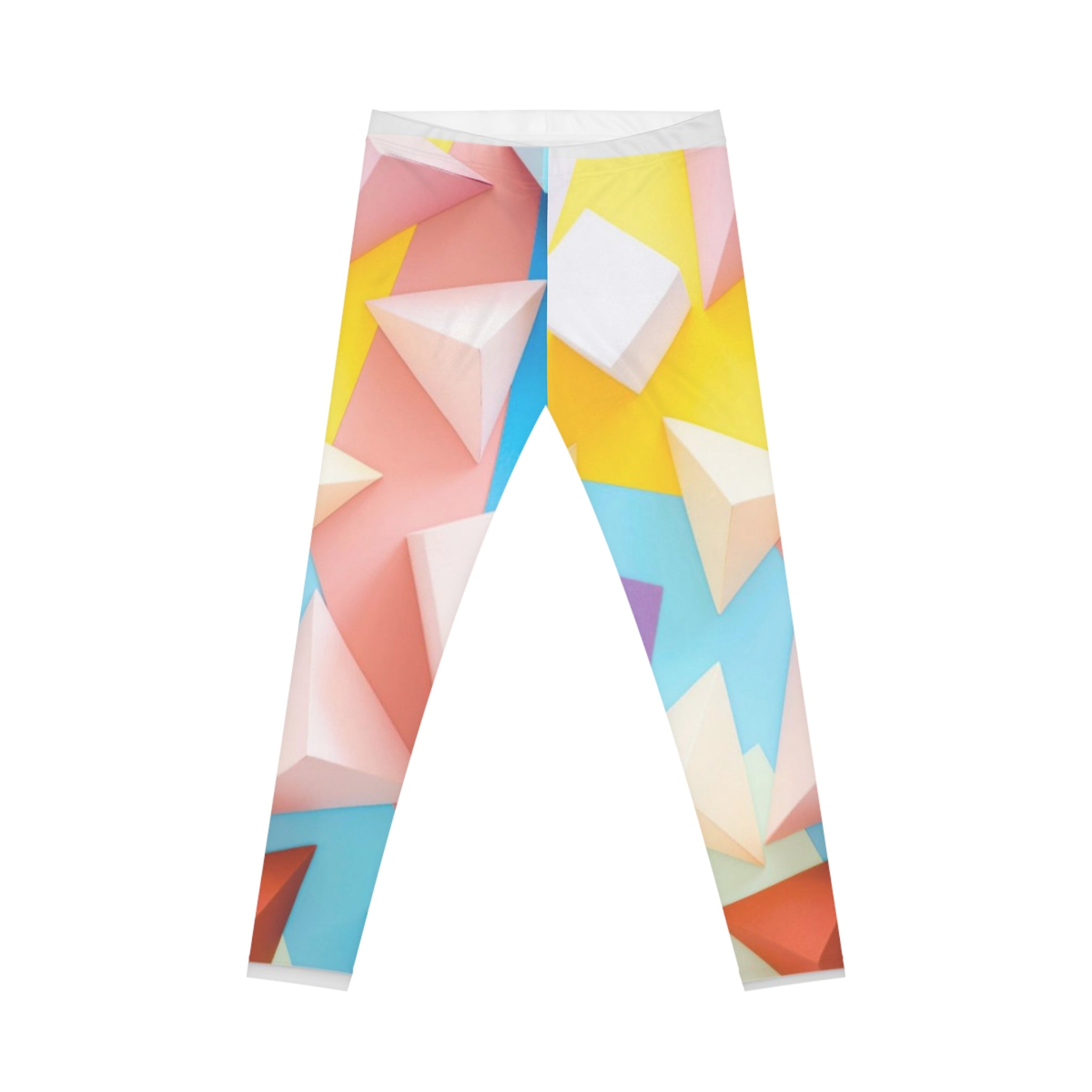 Geometric Pastel Print Leggings — Colorful 3D Triangle Pattern
