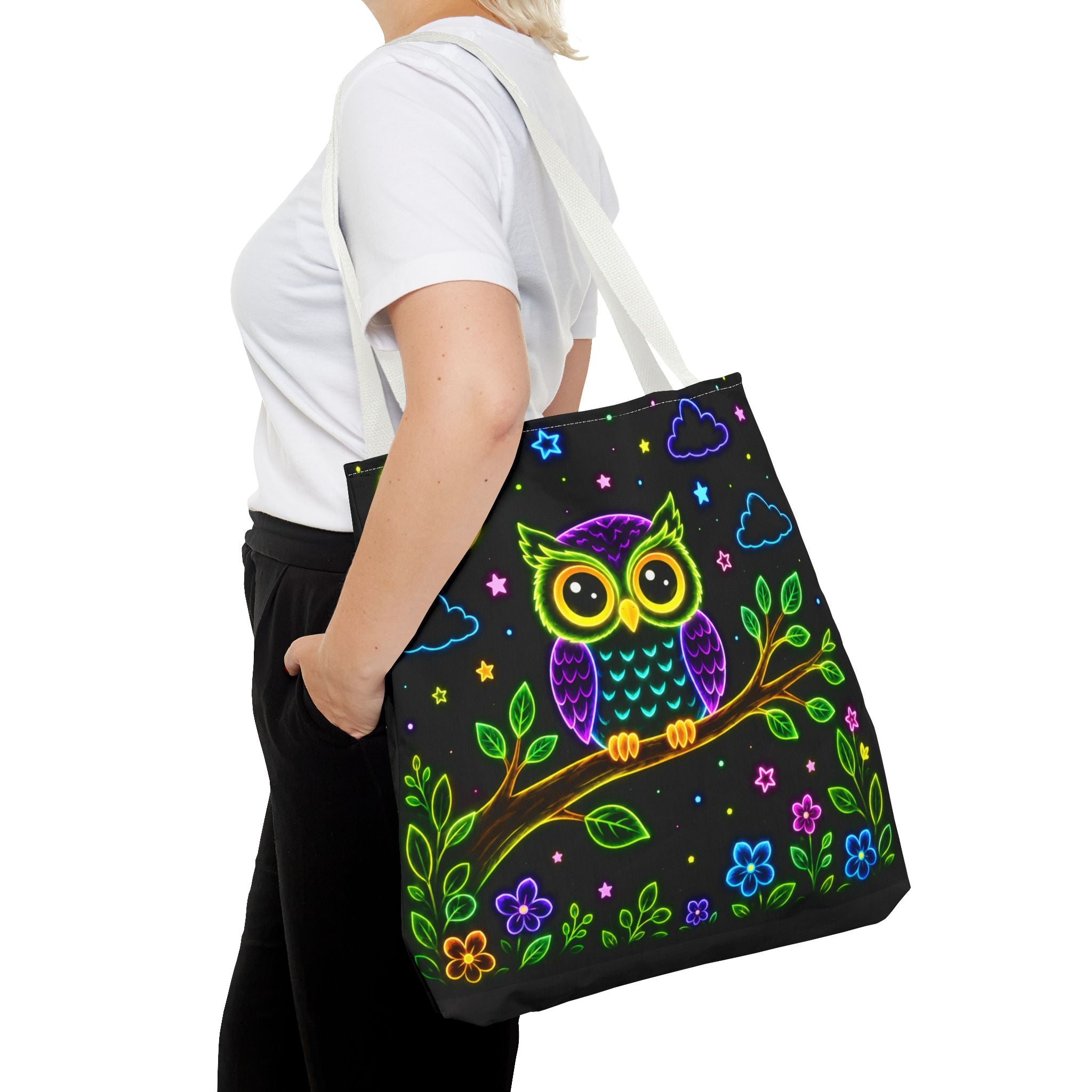 Neon Owl Night Tote Bag – Glow-in-the-Dark Space & Moon Print