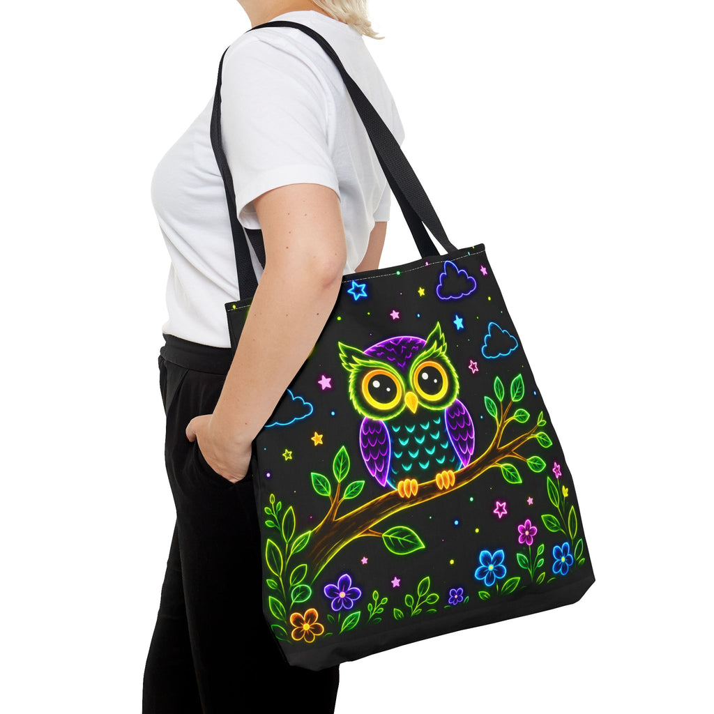 Neon Owl Night Tote Bag – Glow-in-the-Dark Space & Moon Print
