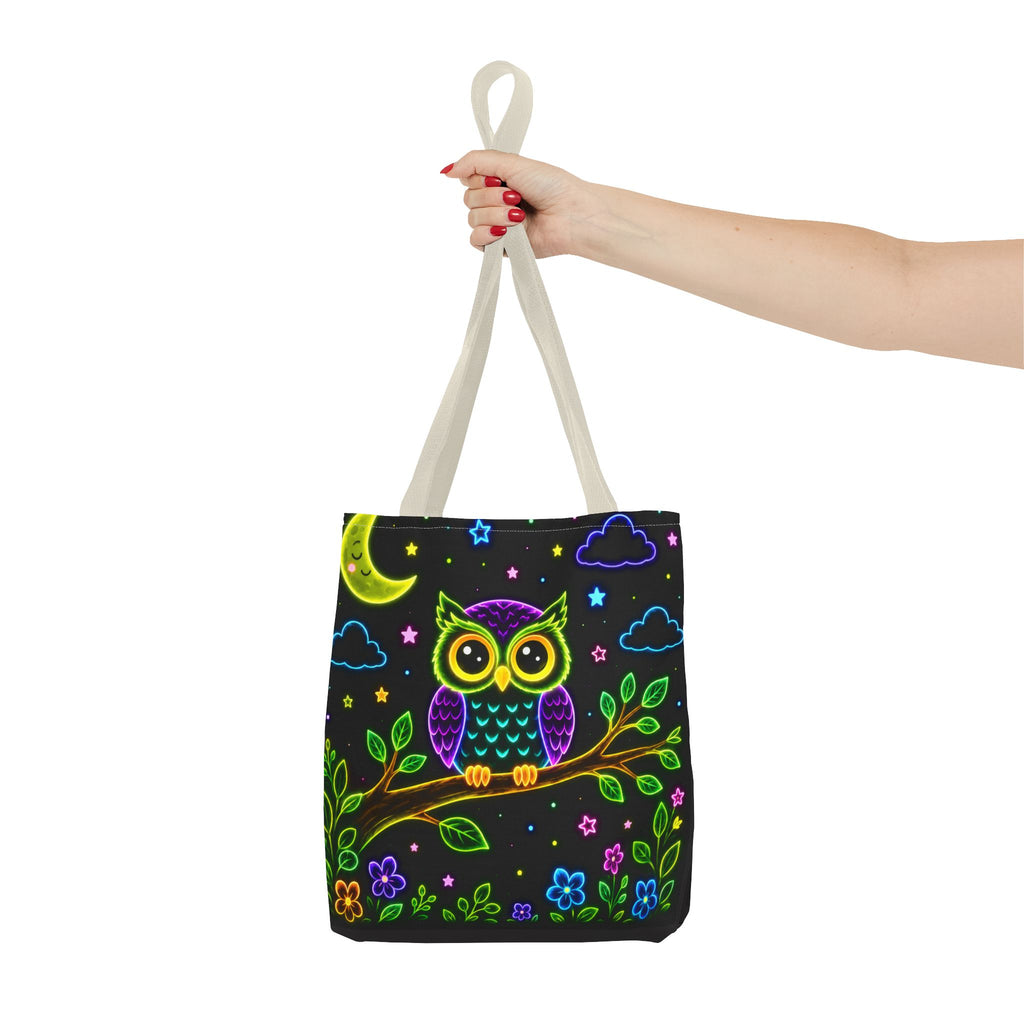 Neon Owl Night Tote Bag – Glow-in-the-Dark Space & Moon Print