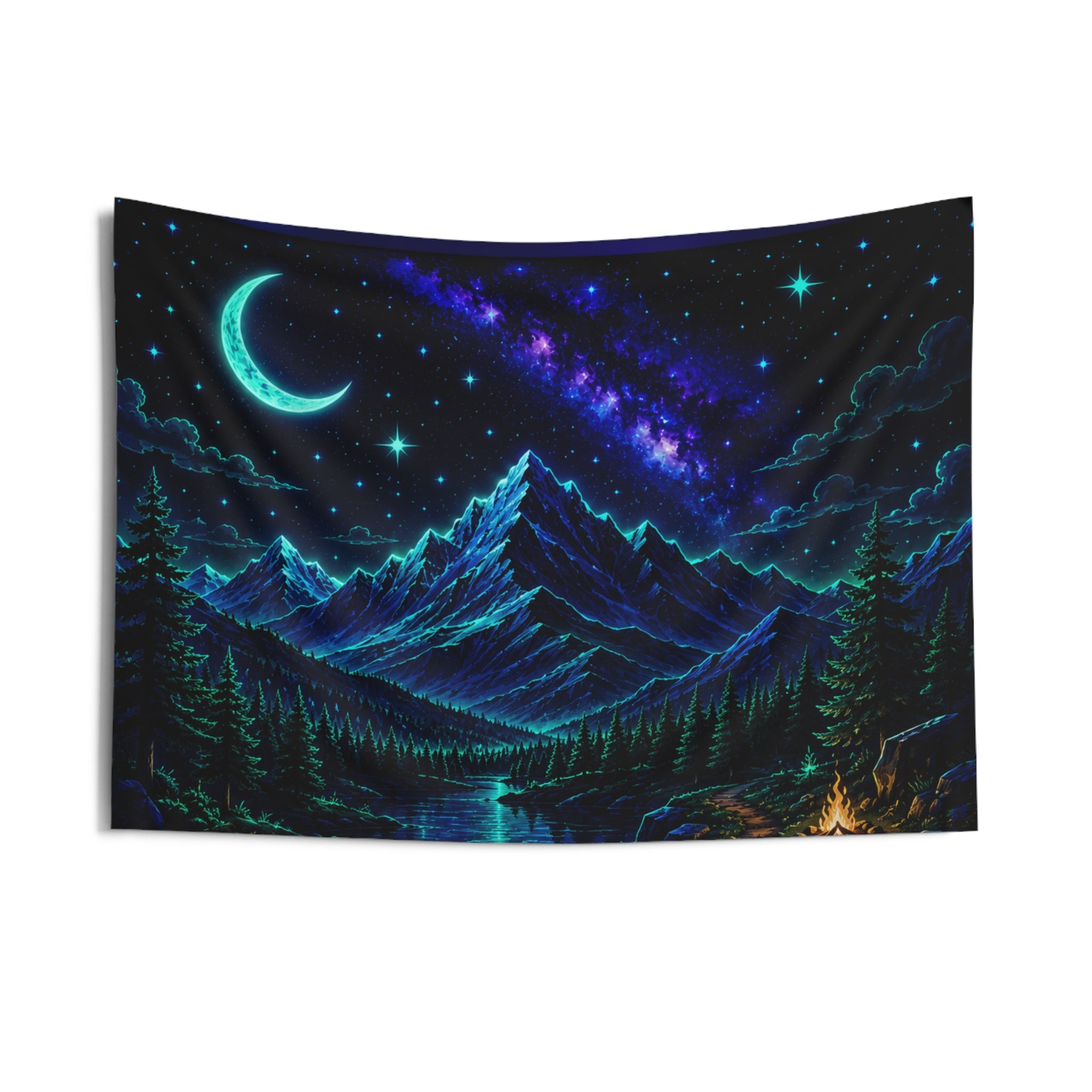 Night Mountain Tapestry — Celestial Moon & Campfire Wall Art