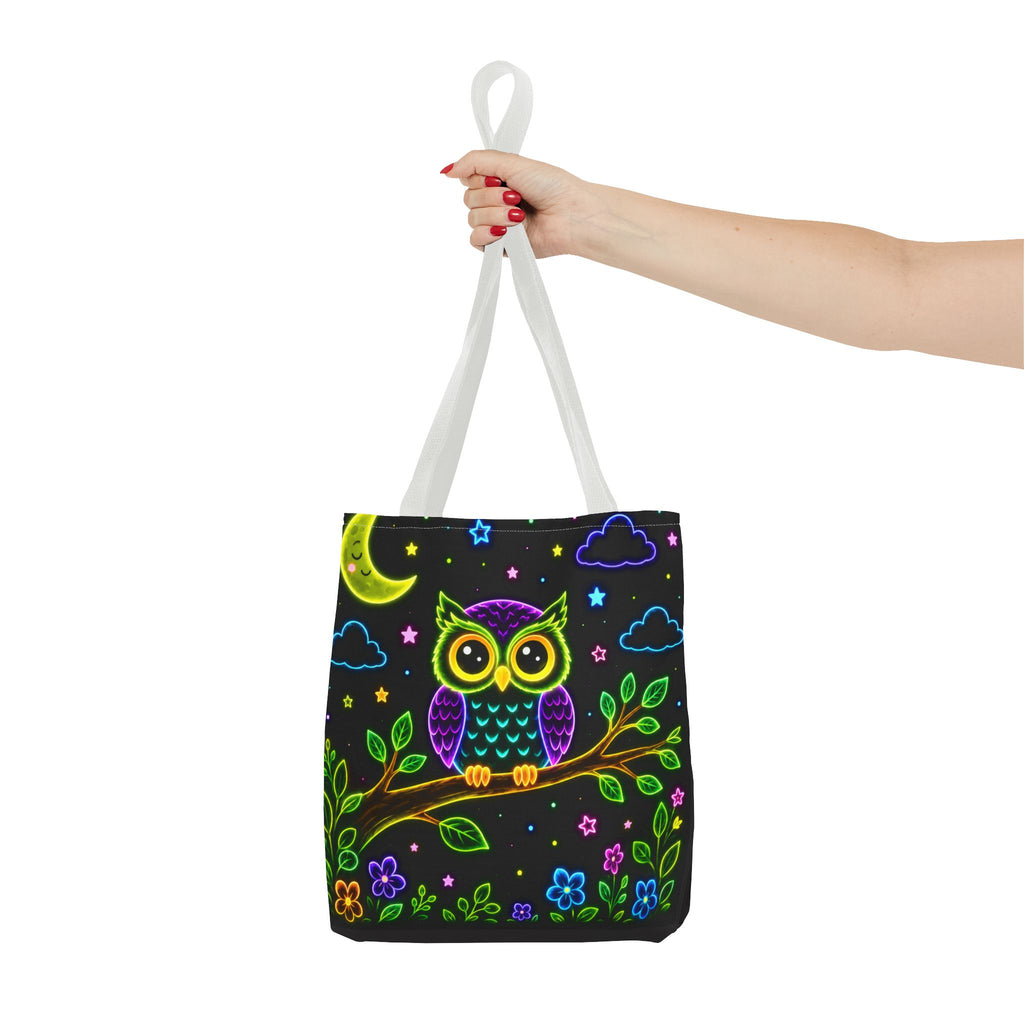 Neon Owl Night Tote Bag – Glow-in-the-Dark Space & Moon Print