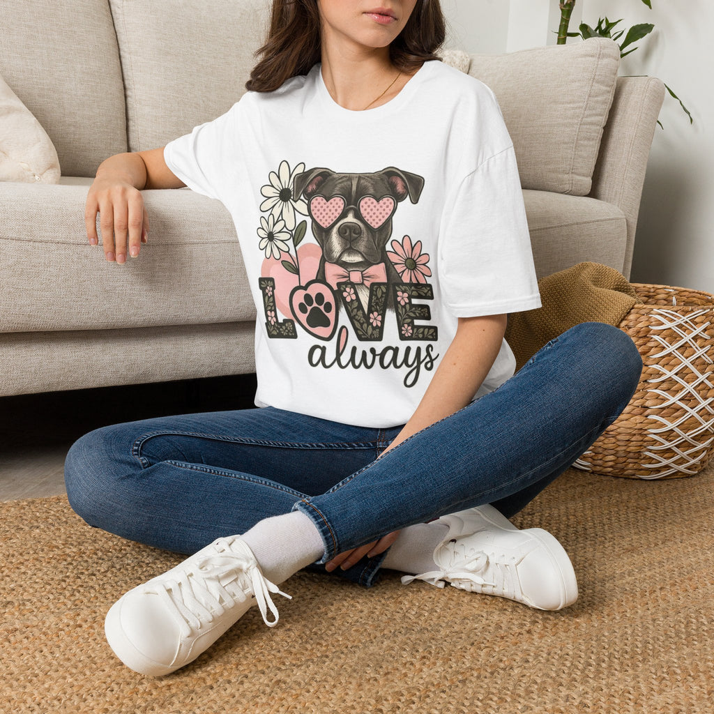 Dog Love T-Shirt — Cute Boxer with Heart Sunglasses & "Love Always" Floral Design Printify