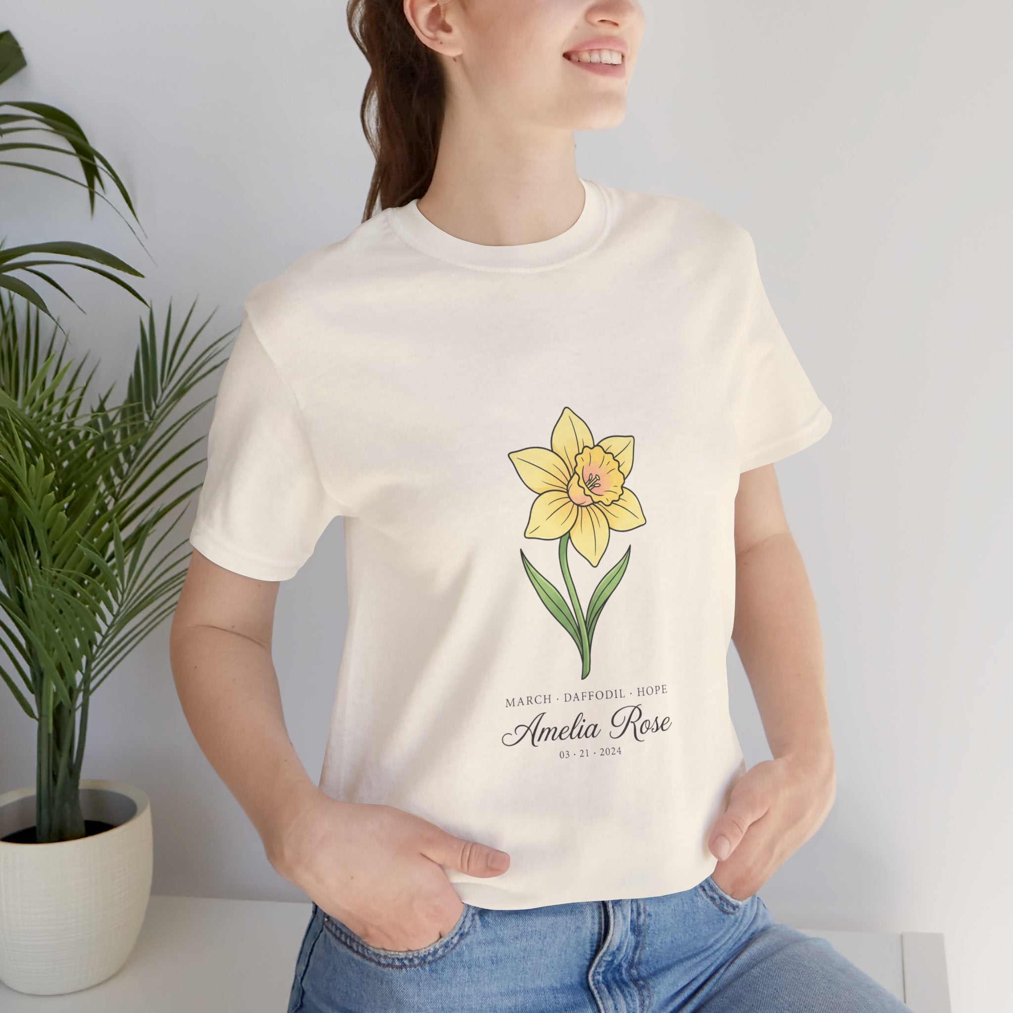 Daffodil Birth Month Flower Tee | Botanical Line Art, Personalized Name Printify