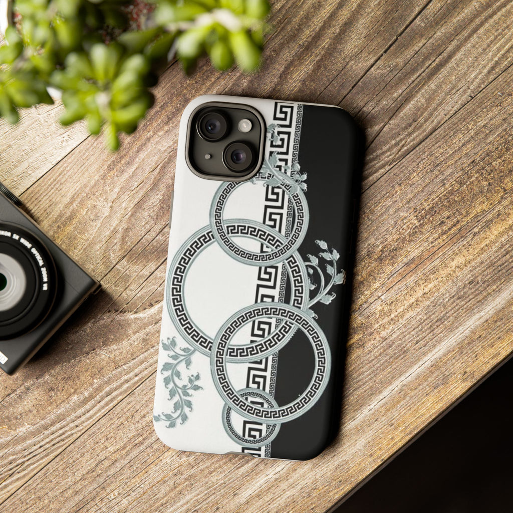 Ornate Rings Phone Case — Black & White Greek Key Floral Protective Cover