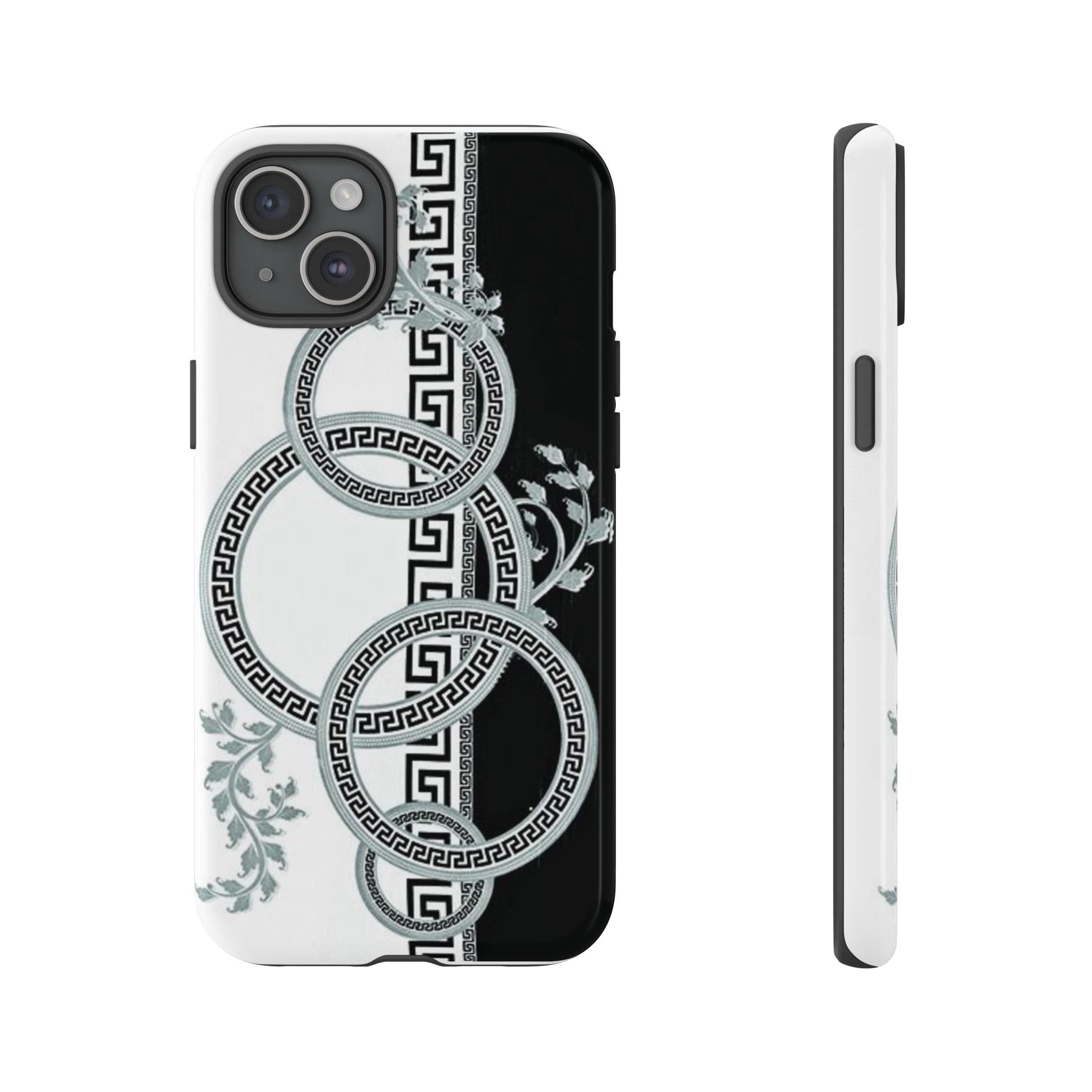 Ornate Rings Phone Case — Black & White Greek Key Floral Protective Cover