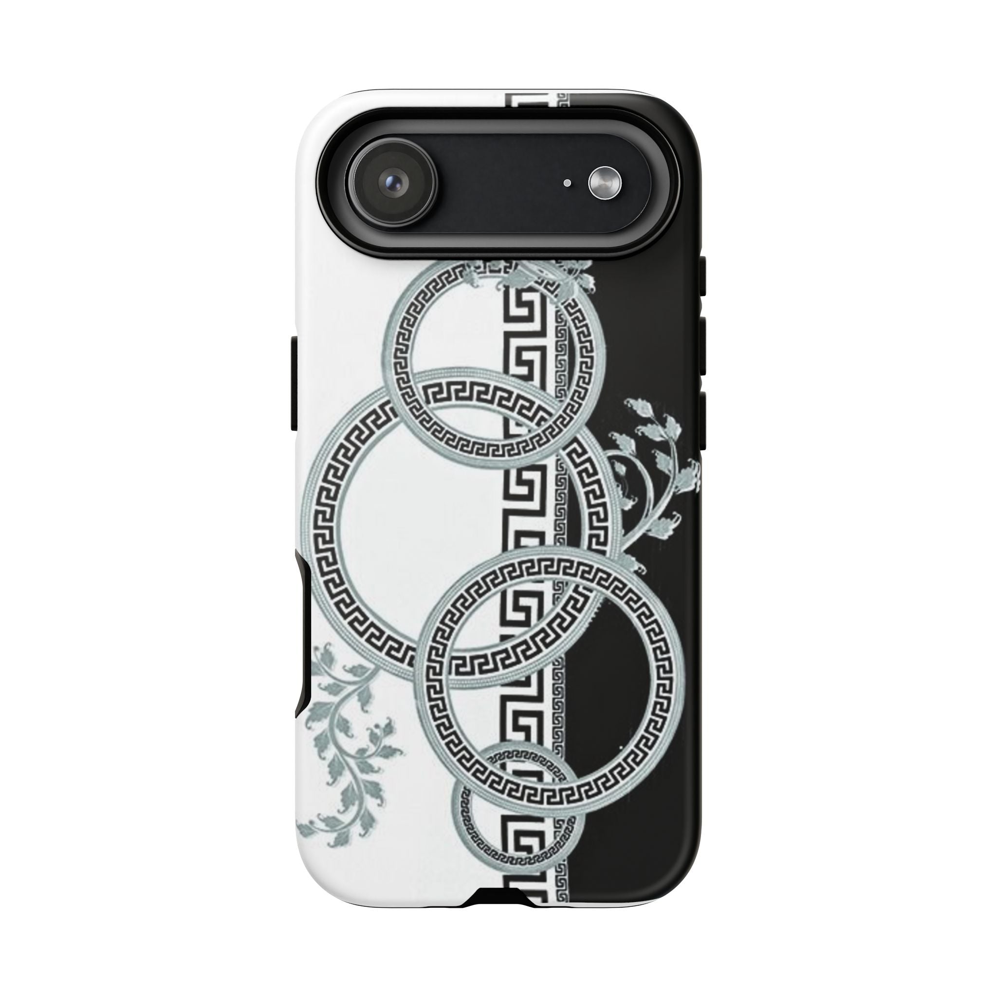 Ornate Rings Phone Case — Black & White Greek Key Floral Protective Cover