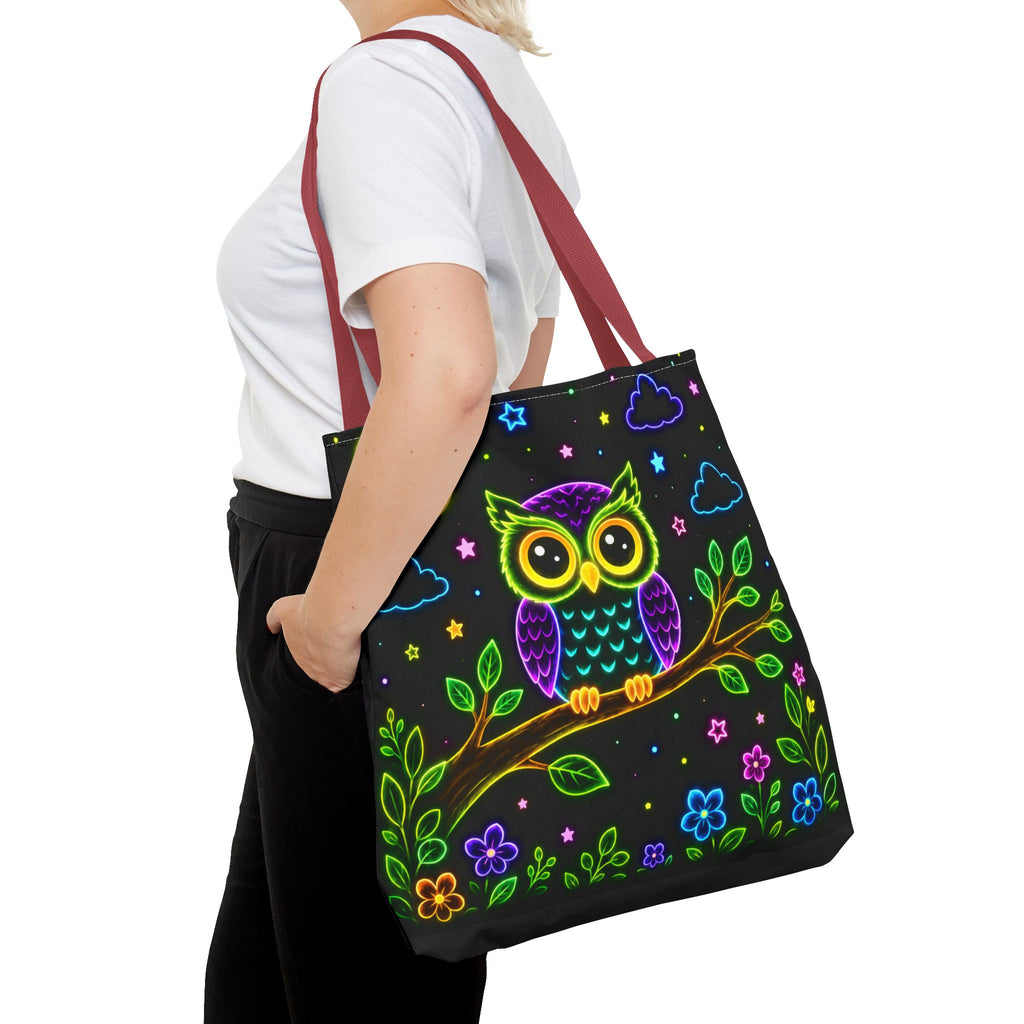 Neon Owl Night Tote Bag – Glow-in-the-Dark Space & Moon Print