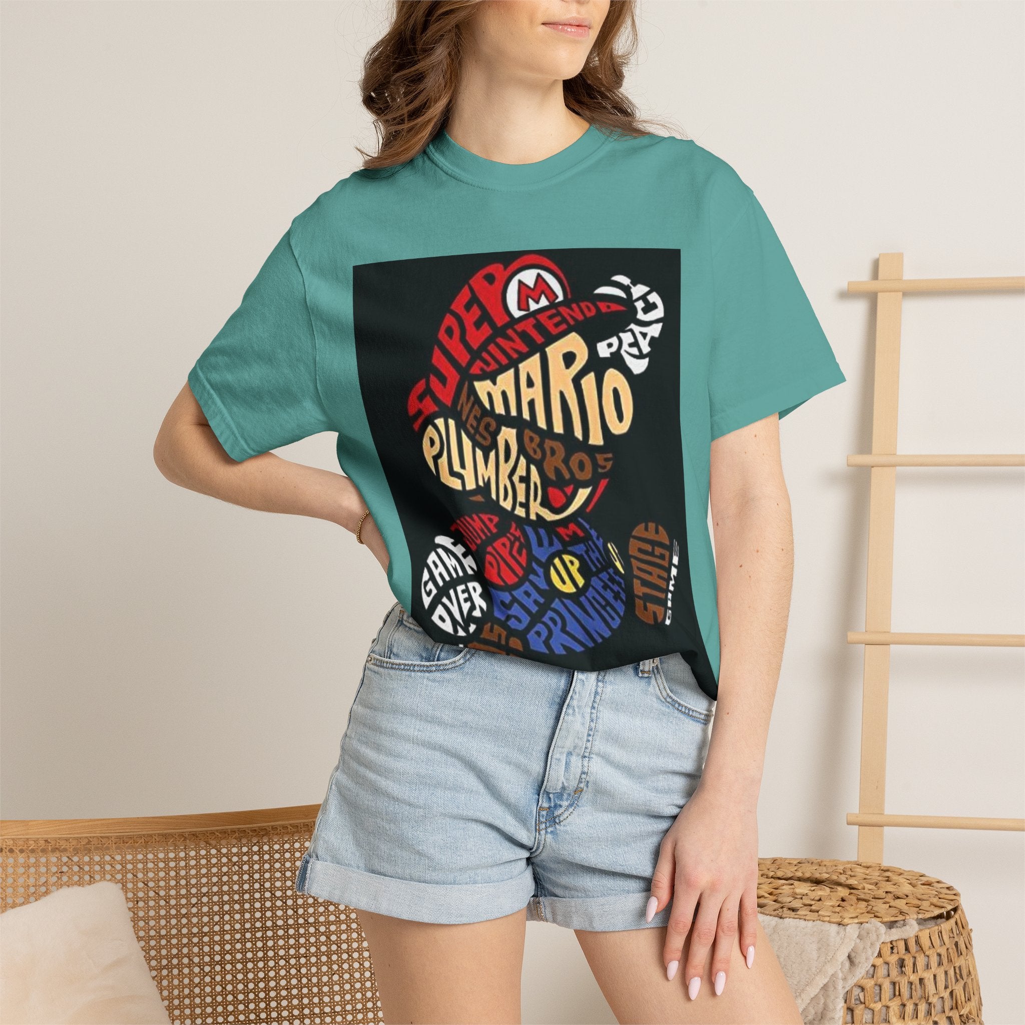 Mario Typography T-Shirt — Retro Cartoon Character Plumber Graphic Tee Printify