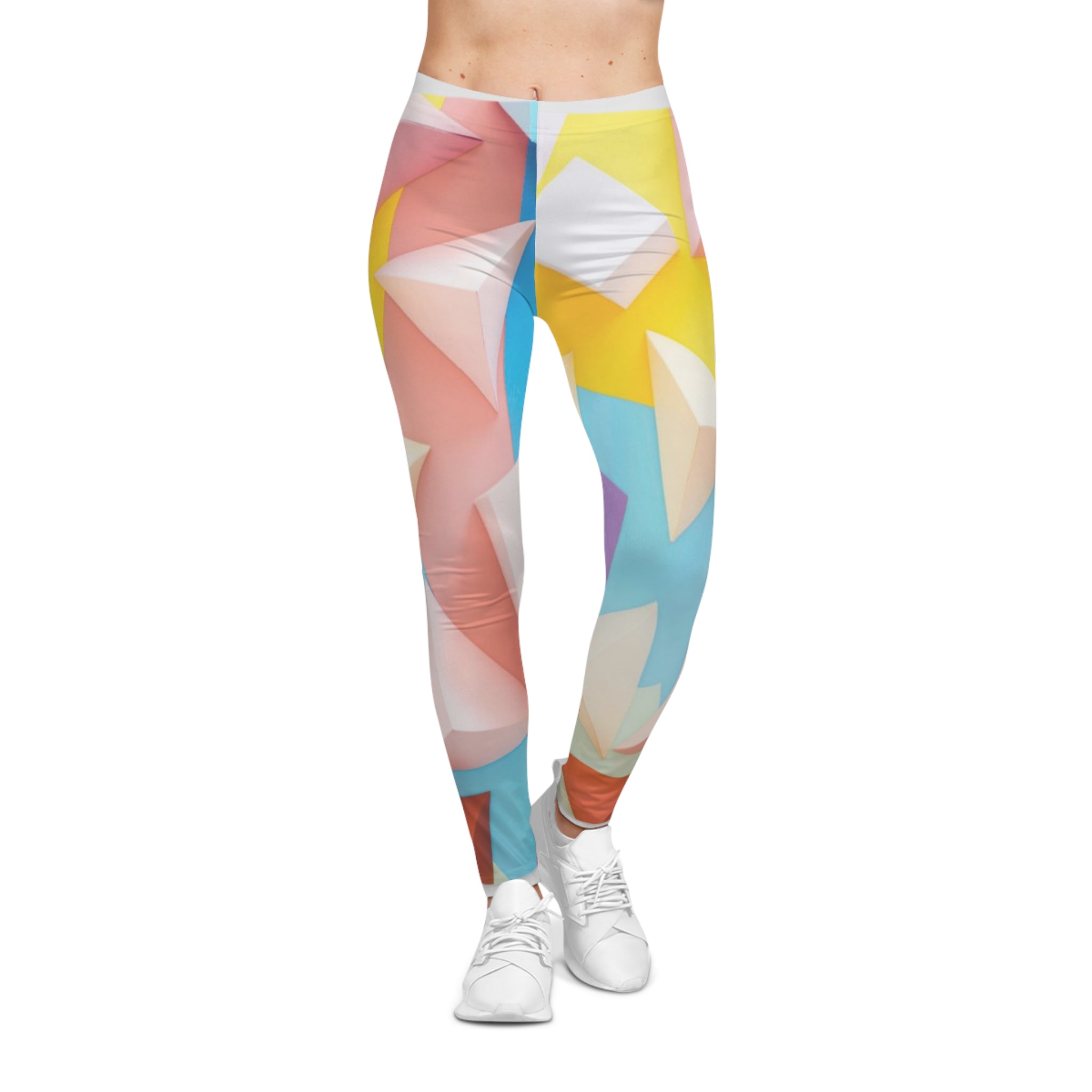 Geometric Pastel Print Leggings — Colorful 3D Triangle Pattern