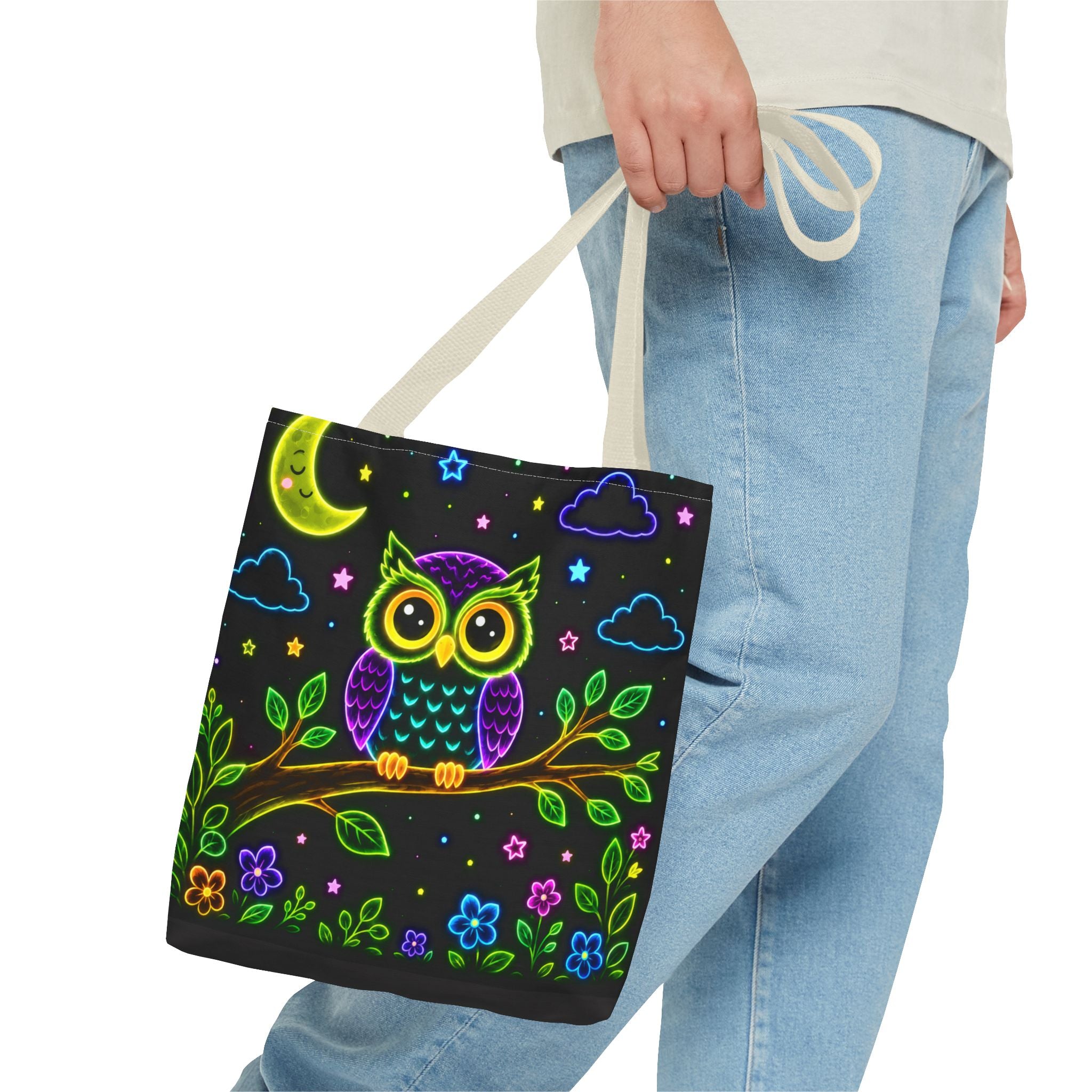 Neon Owl Night Tote Bag – Glow-in-the-Dark Space & Moon Print
