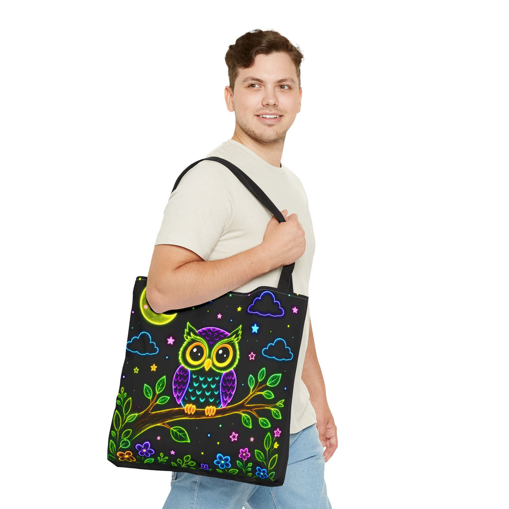 Neon Owl Night Tote Bag – Glow-in-the-Dark Space & Moon Print