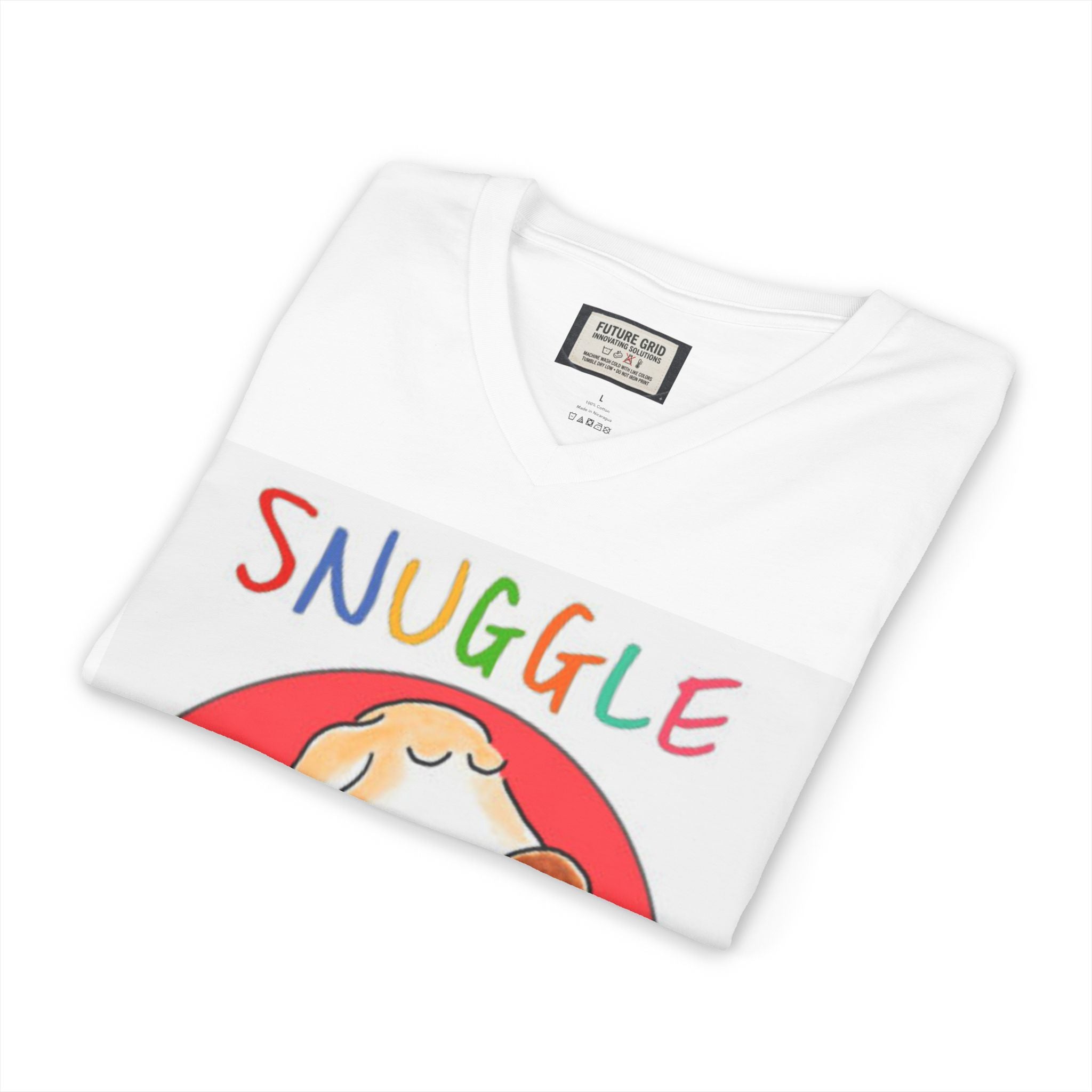 Snuggle Puppy V-Neck Tee — Cute Dog Illustration Tee for Pet Lovers