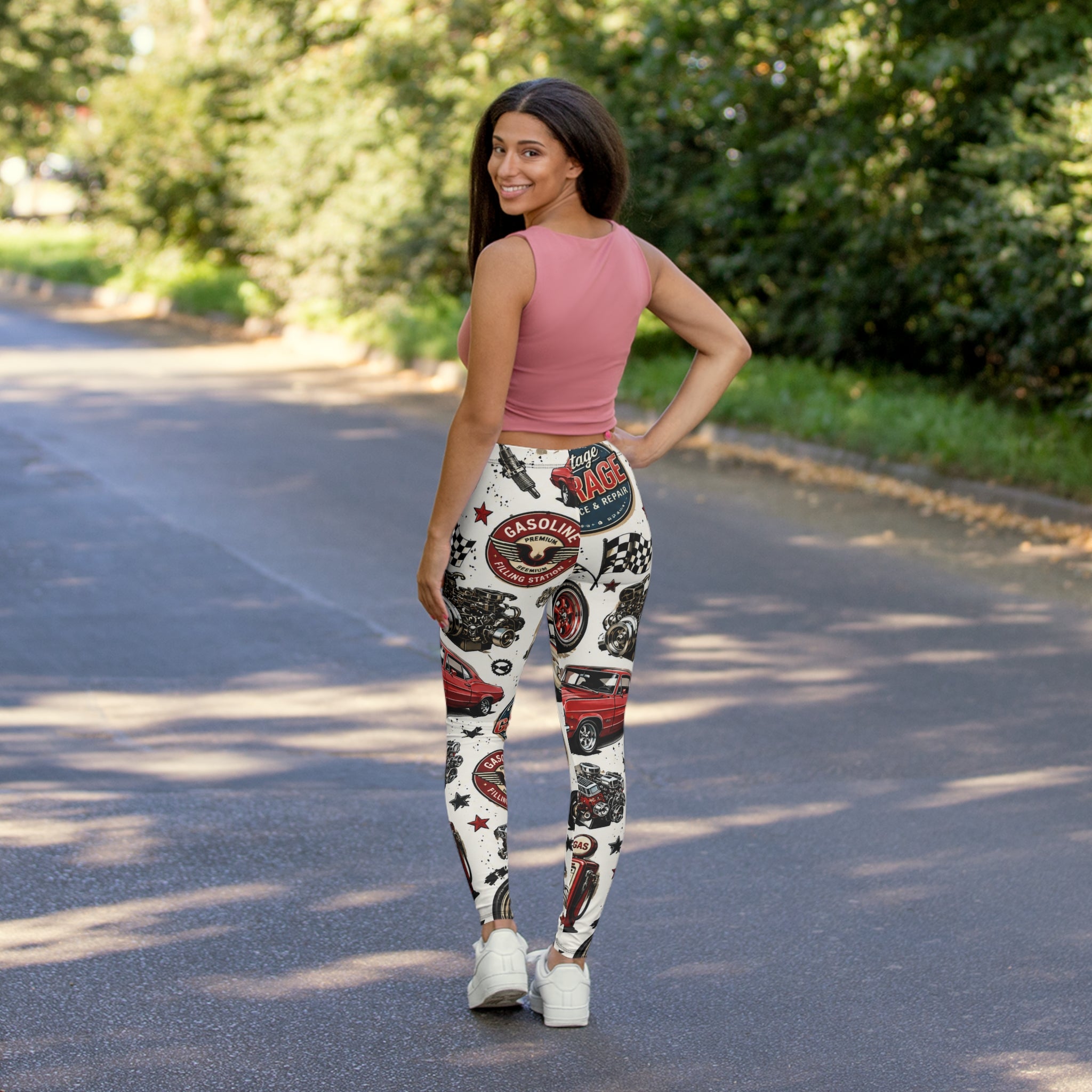 Vintage Garage Car Print Leggings — Retro Automotive AOP