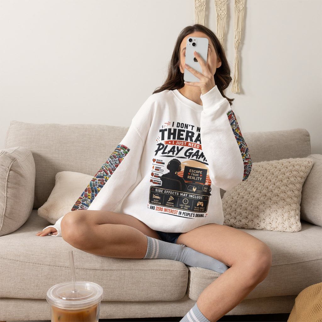 Gaming Crewneck Sweatshirt — "I Don't Need Therapy, I Just Need to Play Games" Printify