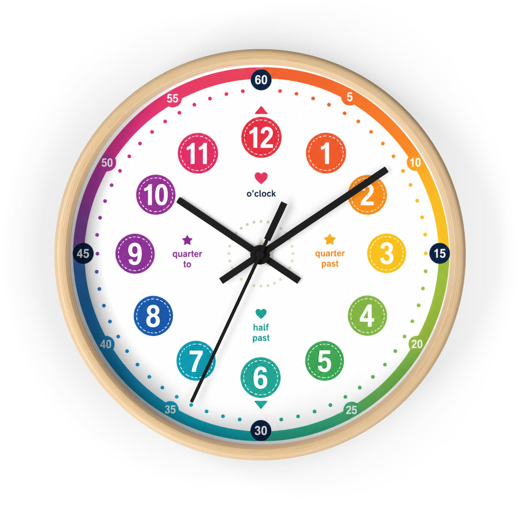 Kids’ Rainbow Learning Wall Clock — Teach Time with Labeled Hour & Minute Markers Printify