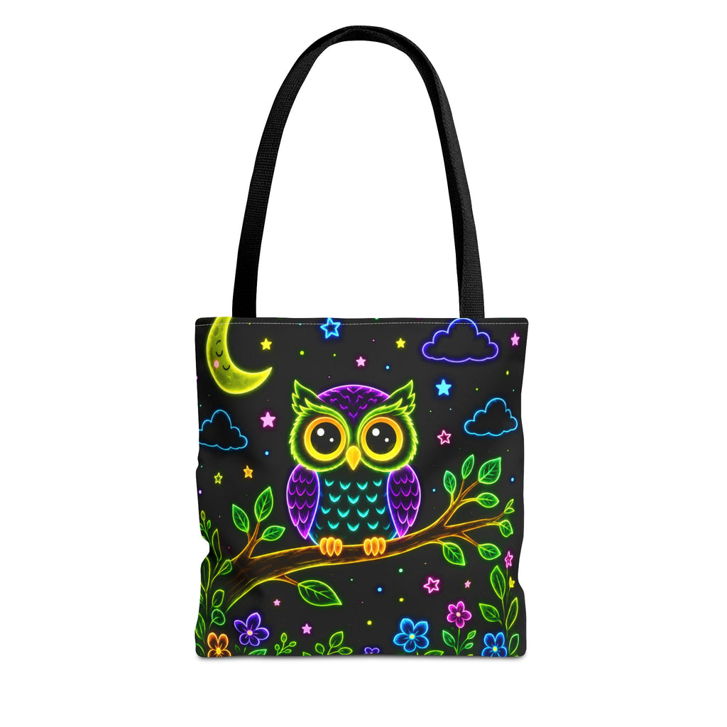 Neon Owl Night Tote Bag – Glow-in-the-Dark Space & Moon Print