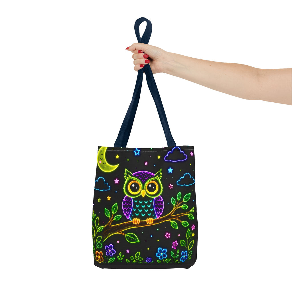Neon Owl Night Tote Bag – Glow-in-the-Dark Space & Moon Print