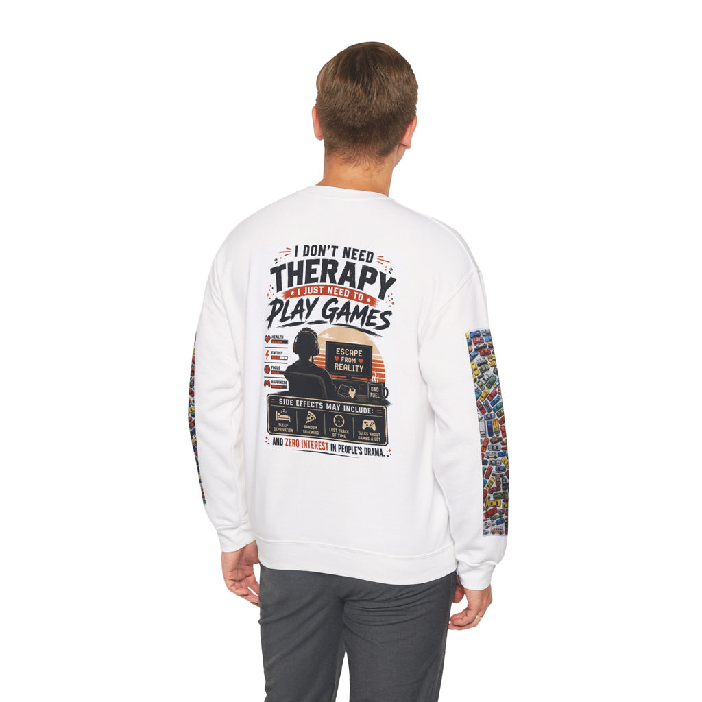 Gaming Crewneck Sweatshirt — "I Don't Need Therapy, I Just Need to Play Games" Printify