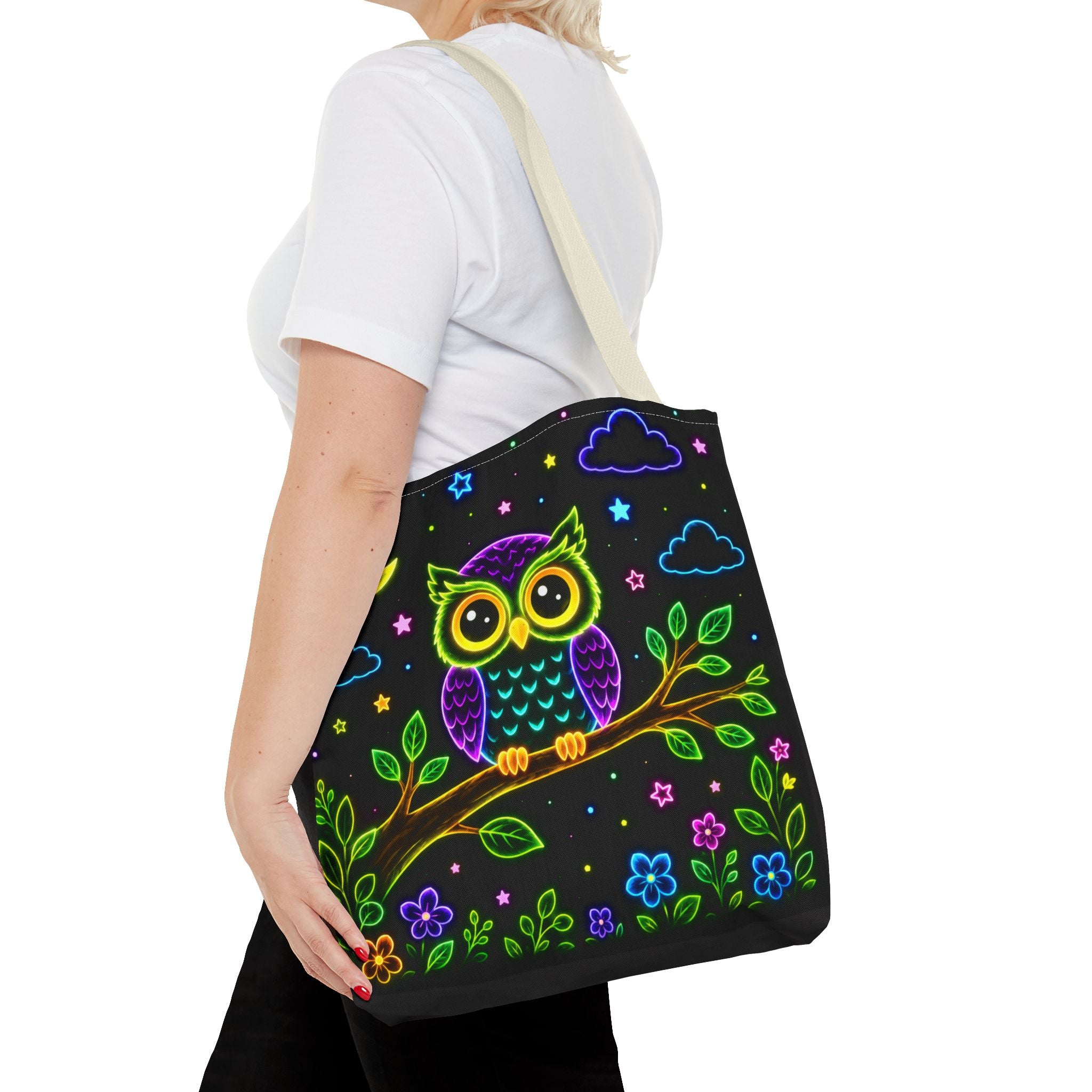 Neon Owl Night Tote Bag – Glow-in-the-Dark Space & Moon Print