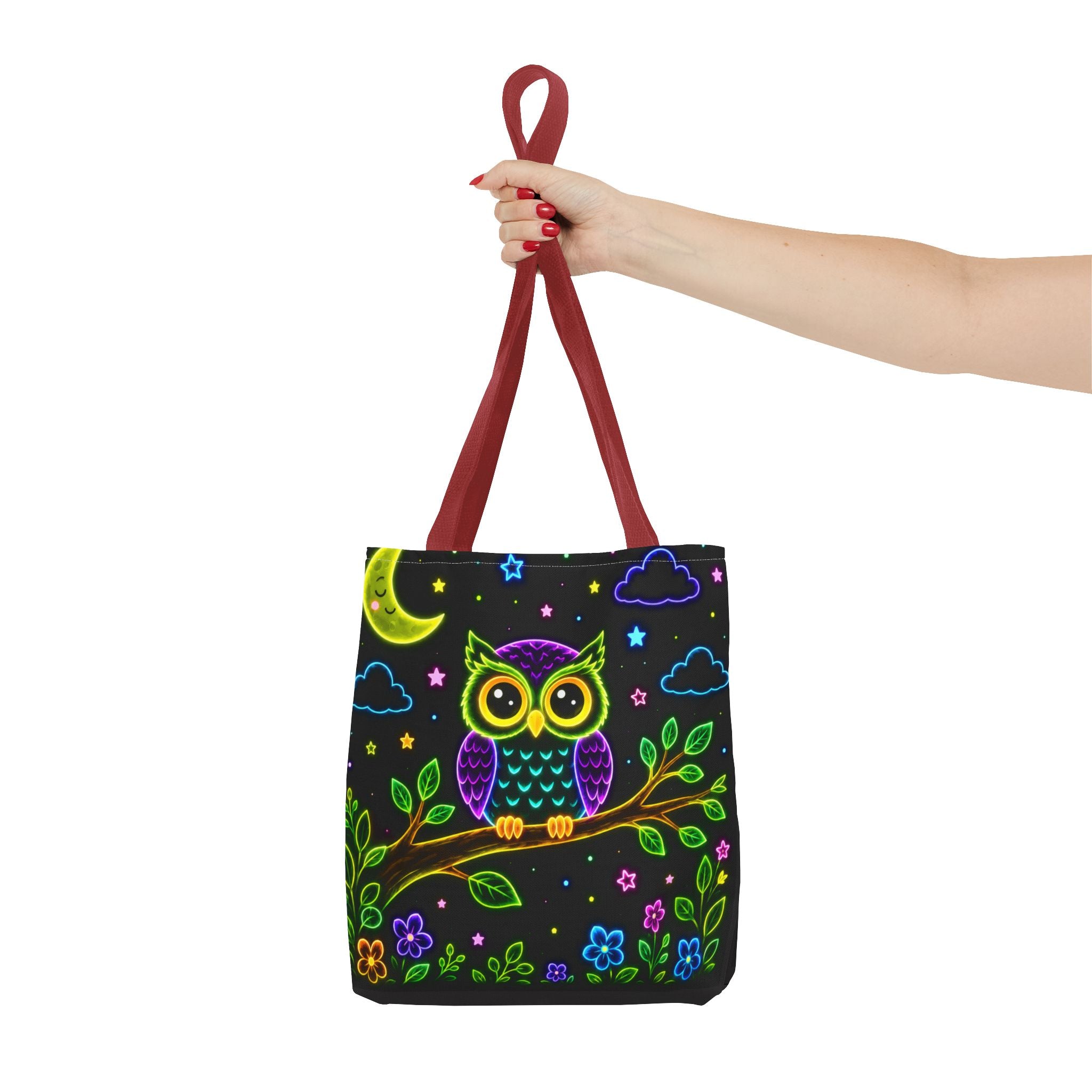 Neon Owl Night Tote Bag – Glow-in-the-Dark Space & Moon Print