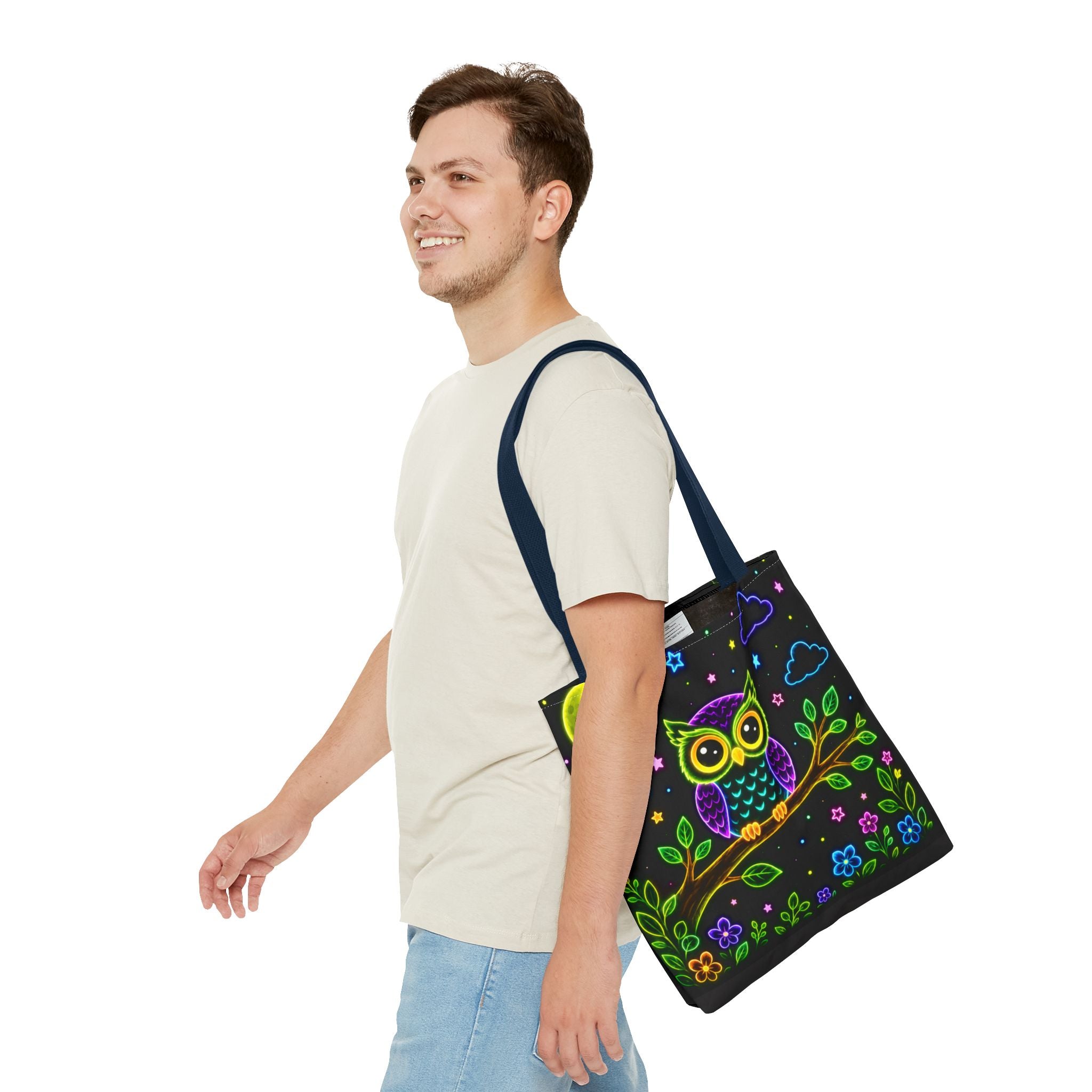 Neon Owl Night Tote Bag – Glow-in-the-Dark Space & Moon Print