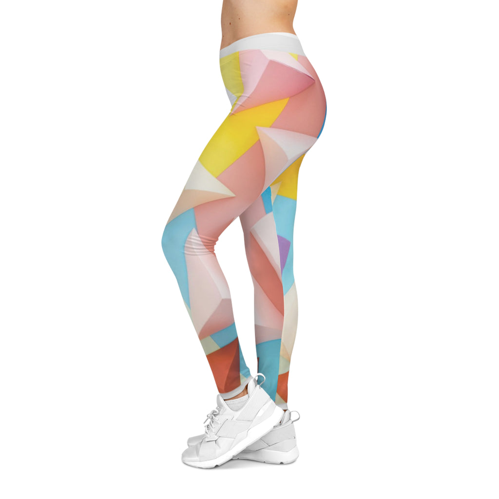Geometric Pastel Print Leggings — Colorful 3D Triangle Pattern