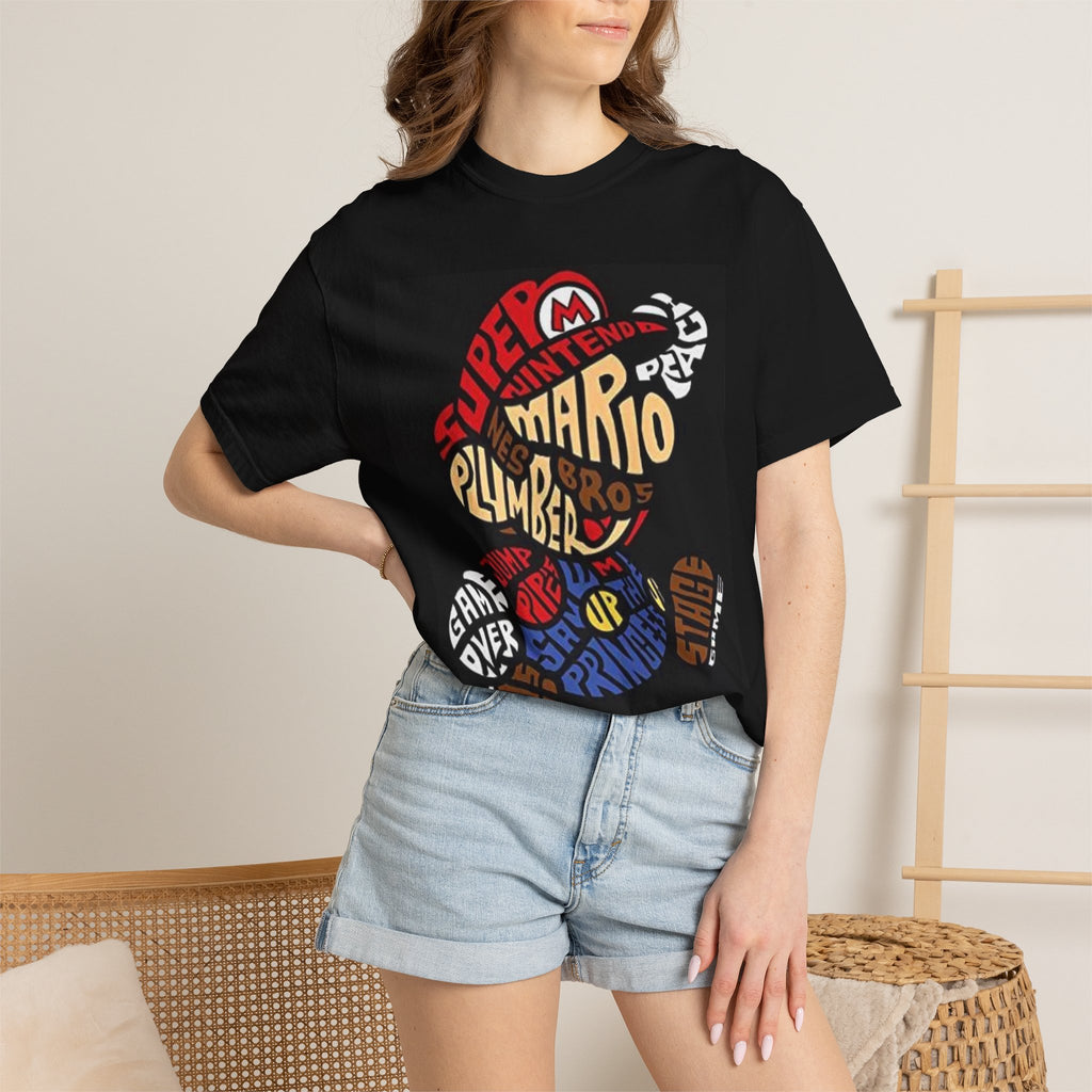 Mario Typography T-Shirt — Retro Cartoon Character Plumber Graphic Tee Printify