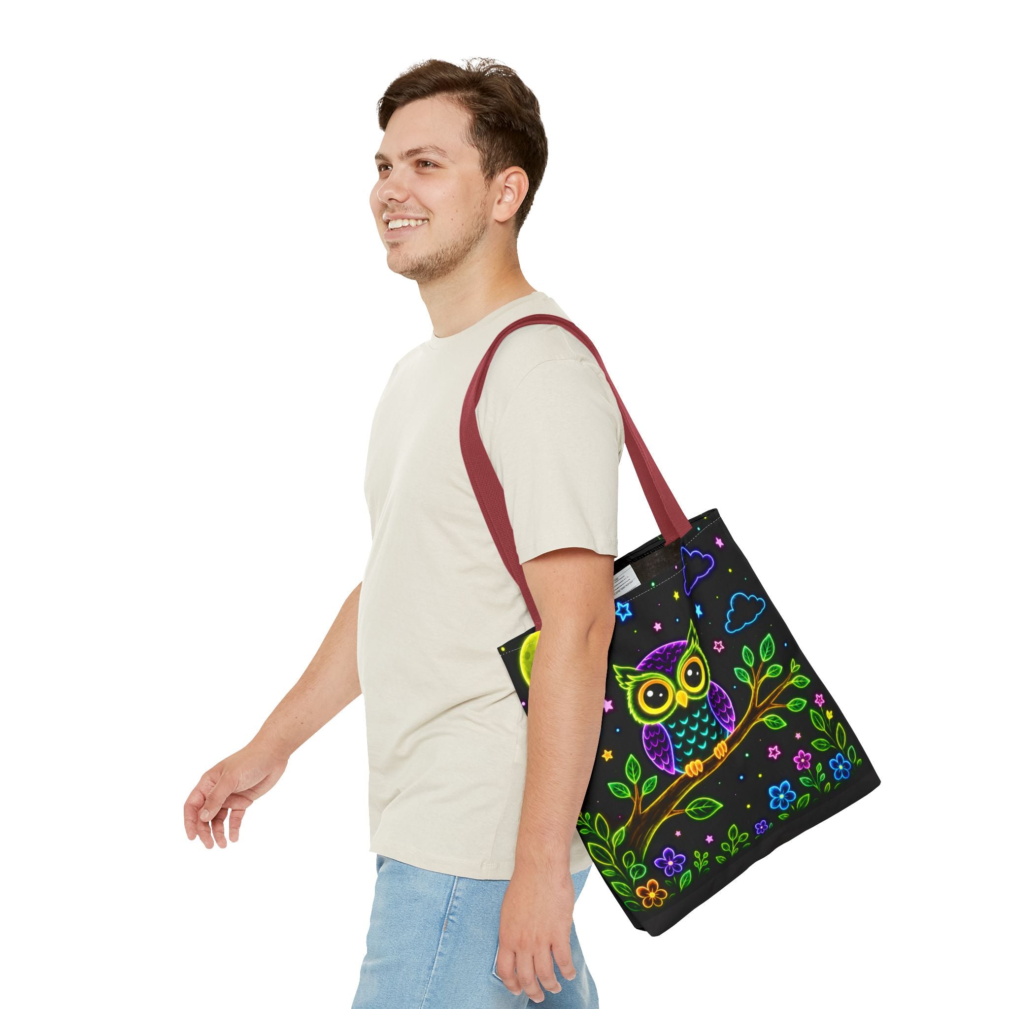 Neon Owl Night Tote Bag – Glow-in-the-Dark Space & Moon Print