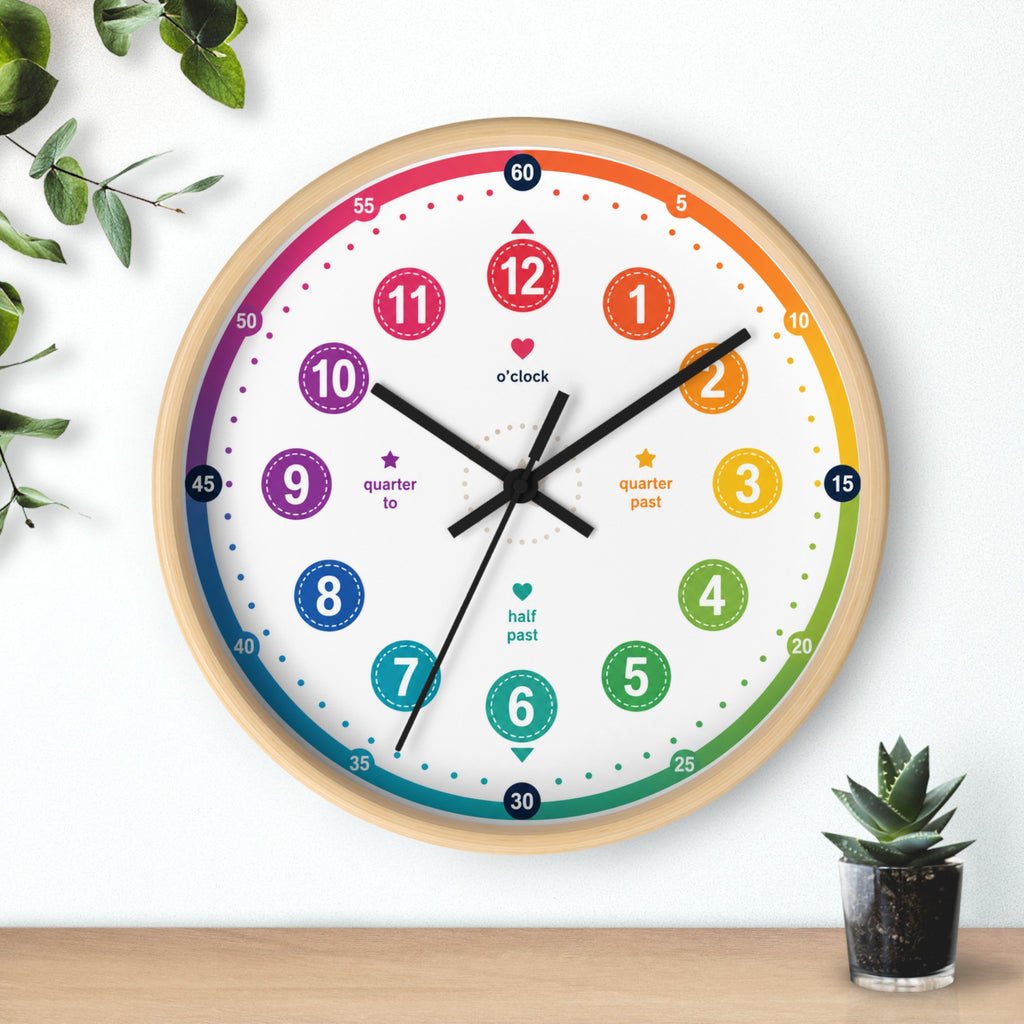 Kids’ Rainbow Learning Wall Clock — Teach Time with Labeled Hour & Minute Markers Printify