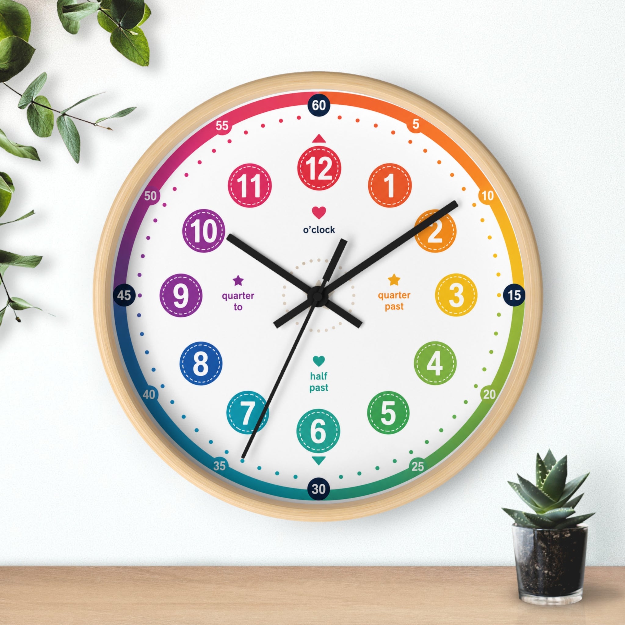 Kids’ Rainbow Learning Wall Clock — Teach Time with Labeled Hour & Minute Markers Printify