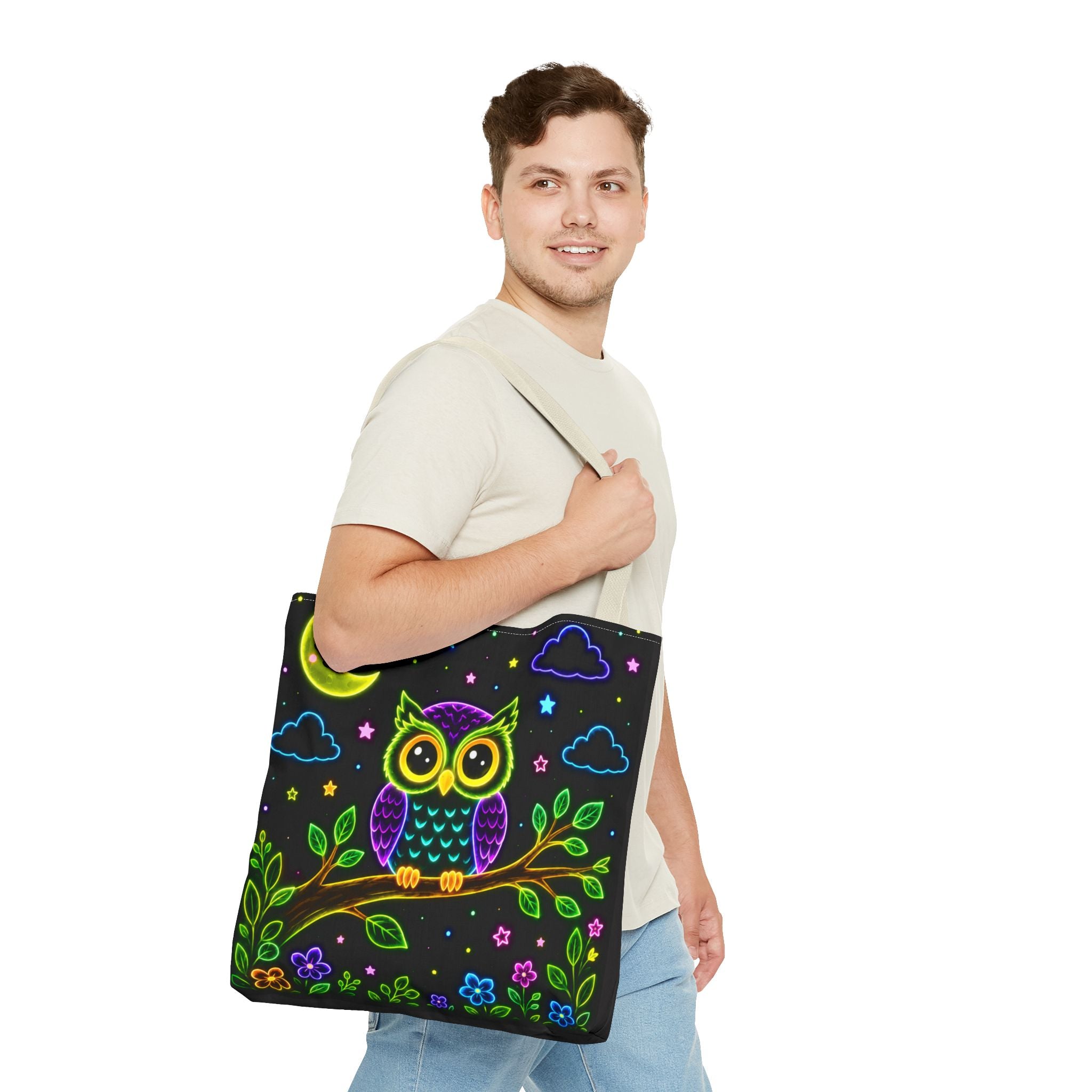 Neon Owl Night Tote Bag – Glow-in-the-Dark Space & Moon Print