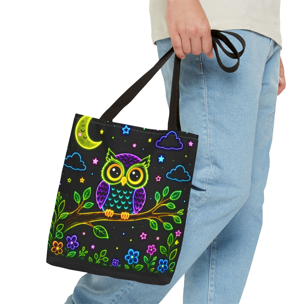 Neon Owl Night Tote Bag – Glow-in-the-Dark Space & Moon Print